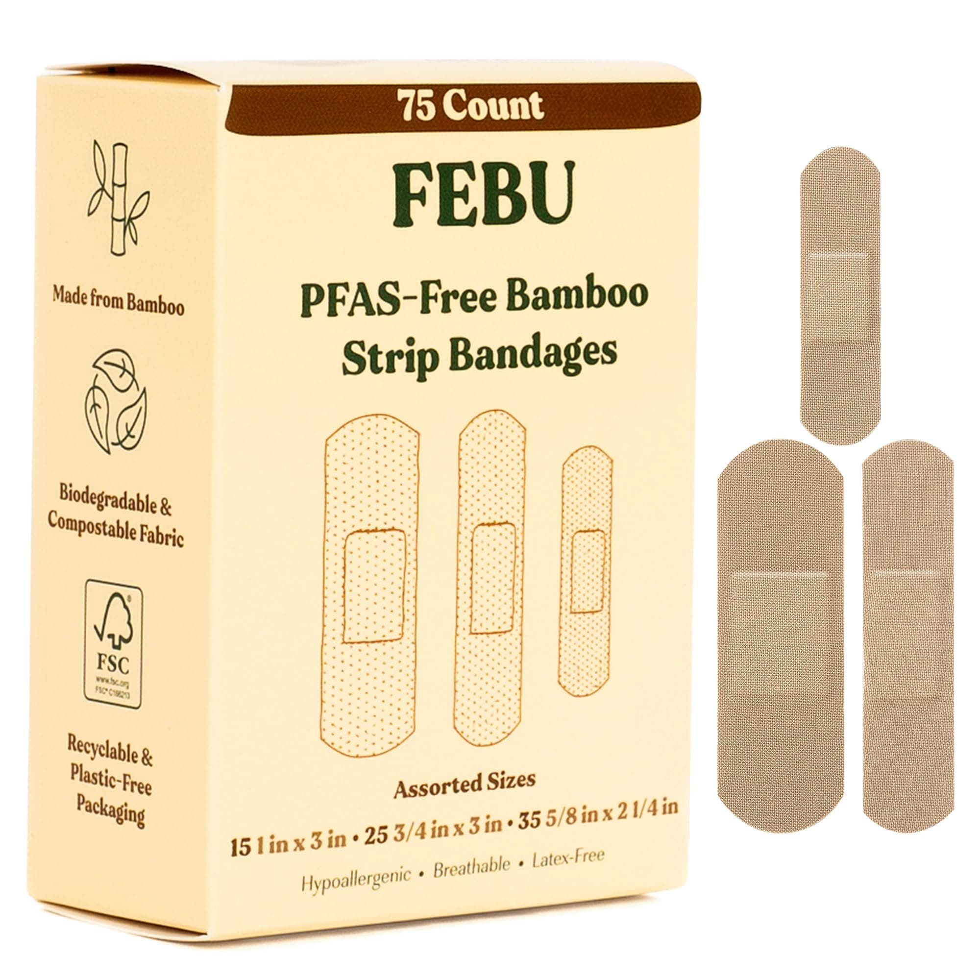 FEBU Eco-Friendly Organic Bamboo Fabric Bandages for Sensitive Skin | PFAS Free Flexible Latex Free Bandages | Natural Hypoallergenic Bandages for Scrapes, Cuts & First Aid | 75 Count Variety Pack