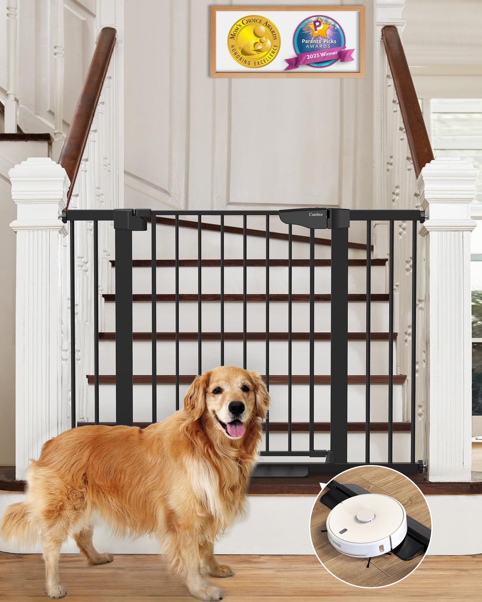 Cumbor 29.7-46" Baby Gate for Stairs, Mom's Choice Awards Winner-Auto Close Dog Gate for The House, Gifts for Mom, Easy Install Pressure Mounted Pet Gates for Doorways, Black