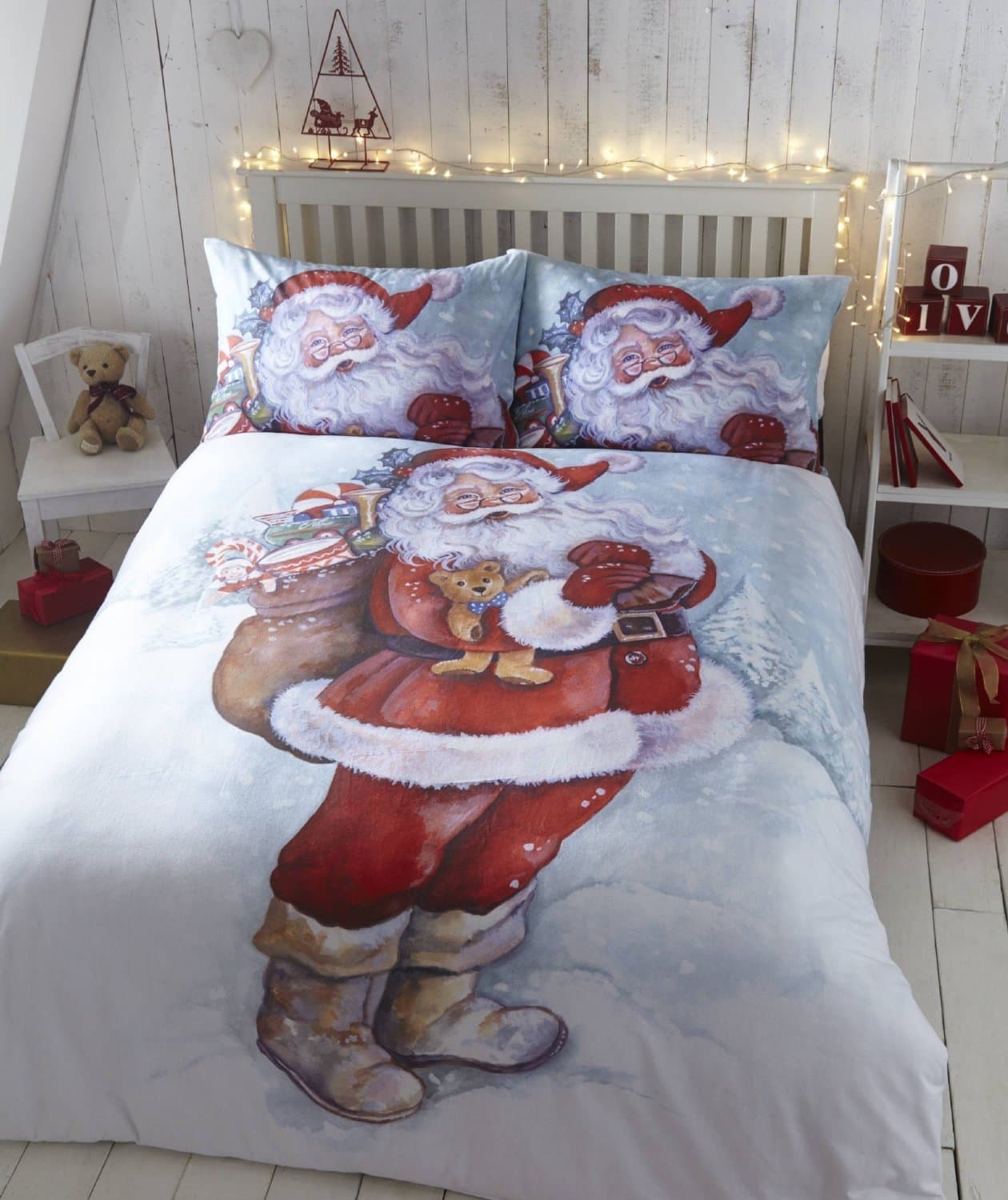 Father Christmas Flannelette Double Quilt Duvet Cover and 2 Pillowcase Bedding Set Xmas, Red