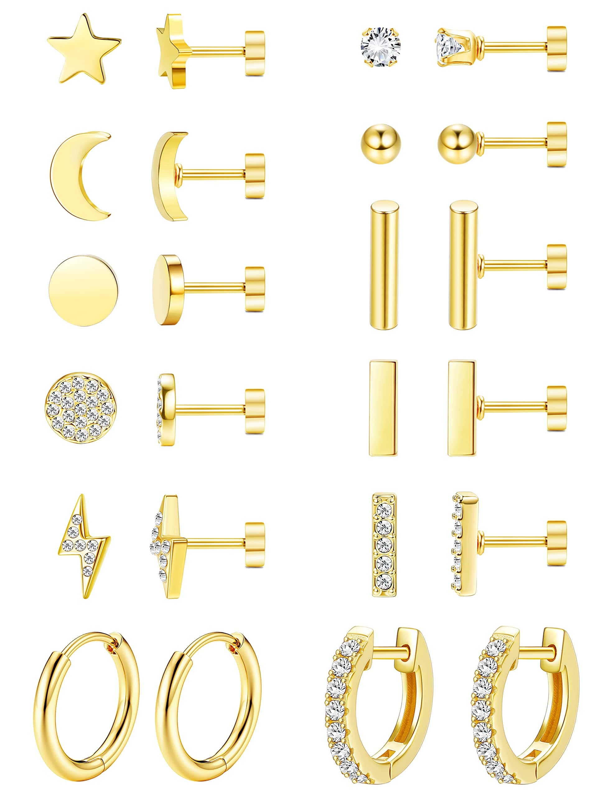 FASACCO12Pairs Flat Back Earrings for Women Men Hypoallergenic 14K Gold Plated Stainless Steel Flatback Stud Small Huggie Hoop Earrings 20G Tiny Gold Stud Earring Sets for Multiple PIercingCarbonfree Certified