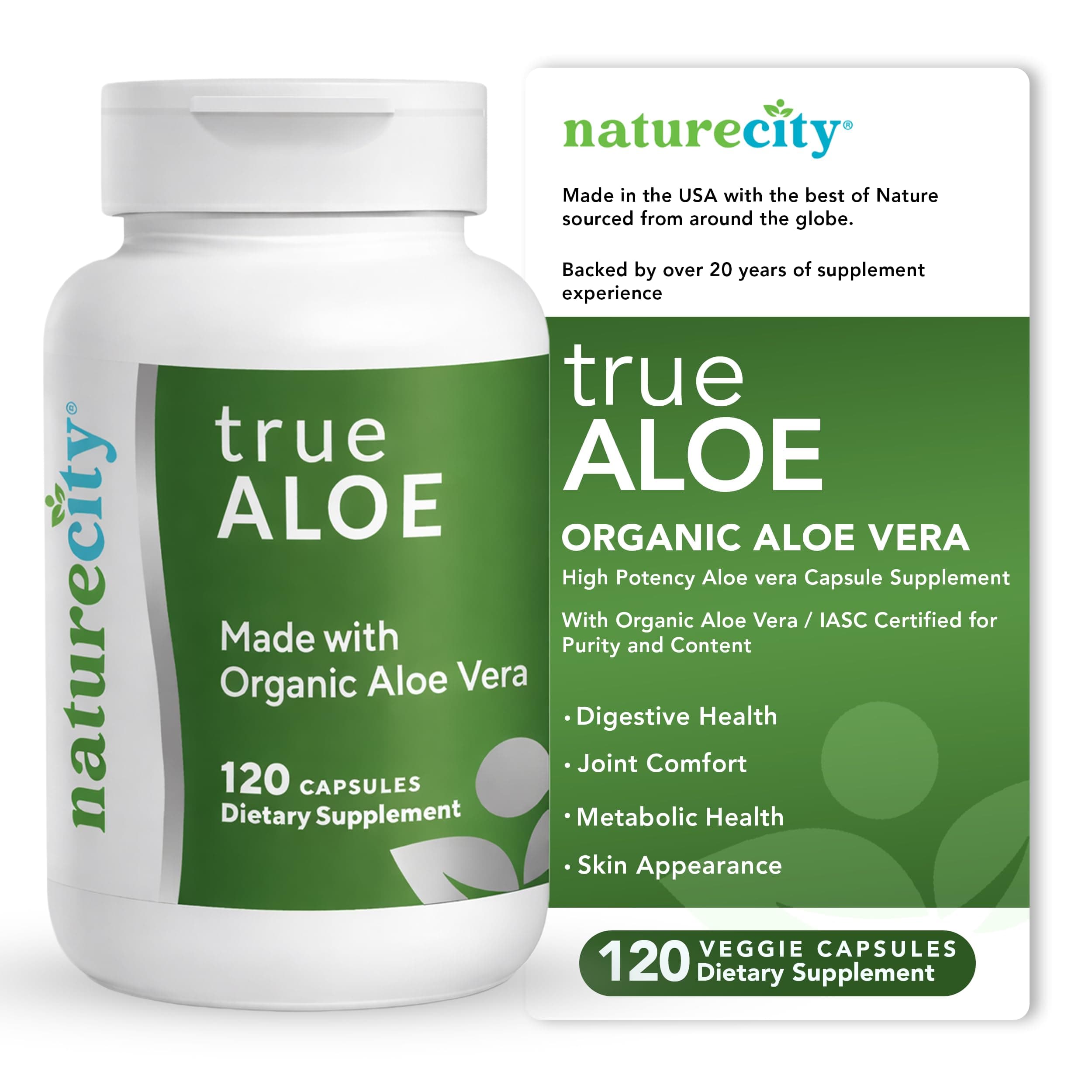 TrueAloe 100% Organic Aloe Vera Supplement - 120 Capsules per bottle