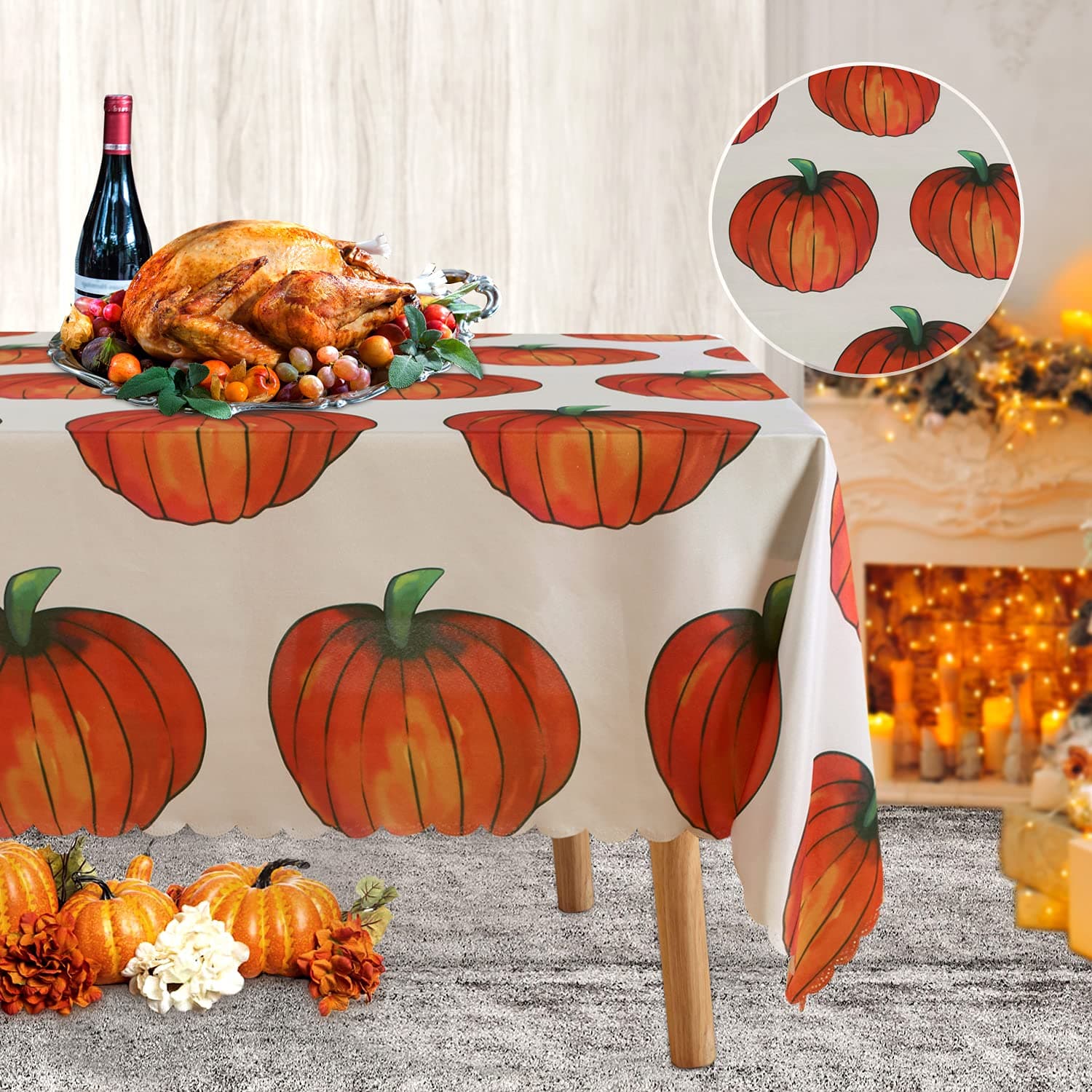 LUSHVIDA Pumpkin Thanksgiving Rectangle Tablecloth - Washable Wrinkle Resistance Microfiber Decorative Autumn Harvest Table Cover for Holiday Banquet Party Kitchen Dining Room,(60 x 84 Inch)