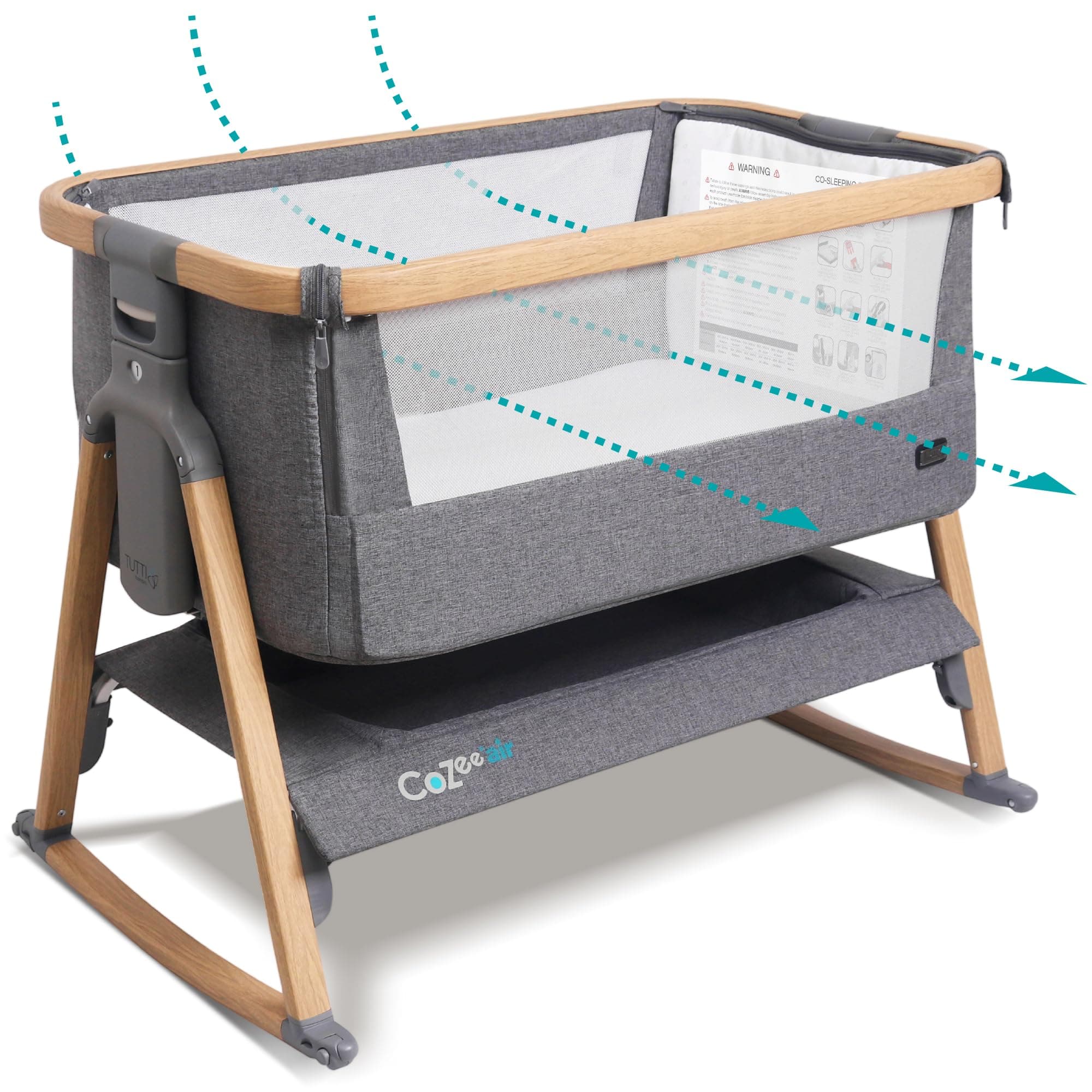 Tutti Bambini CoZee® Air Baby Bassinet & Bedside Sleeper - Rocking Bassinet for Baby, Fast-Folding with Travel Bag, Deluxe Airflow Mattress & 6 Mattress Heights, 0-6 Months (Oak & Charcoal)