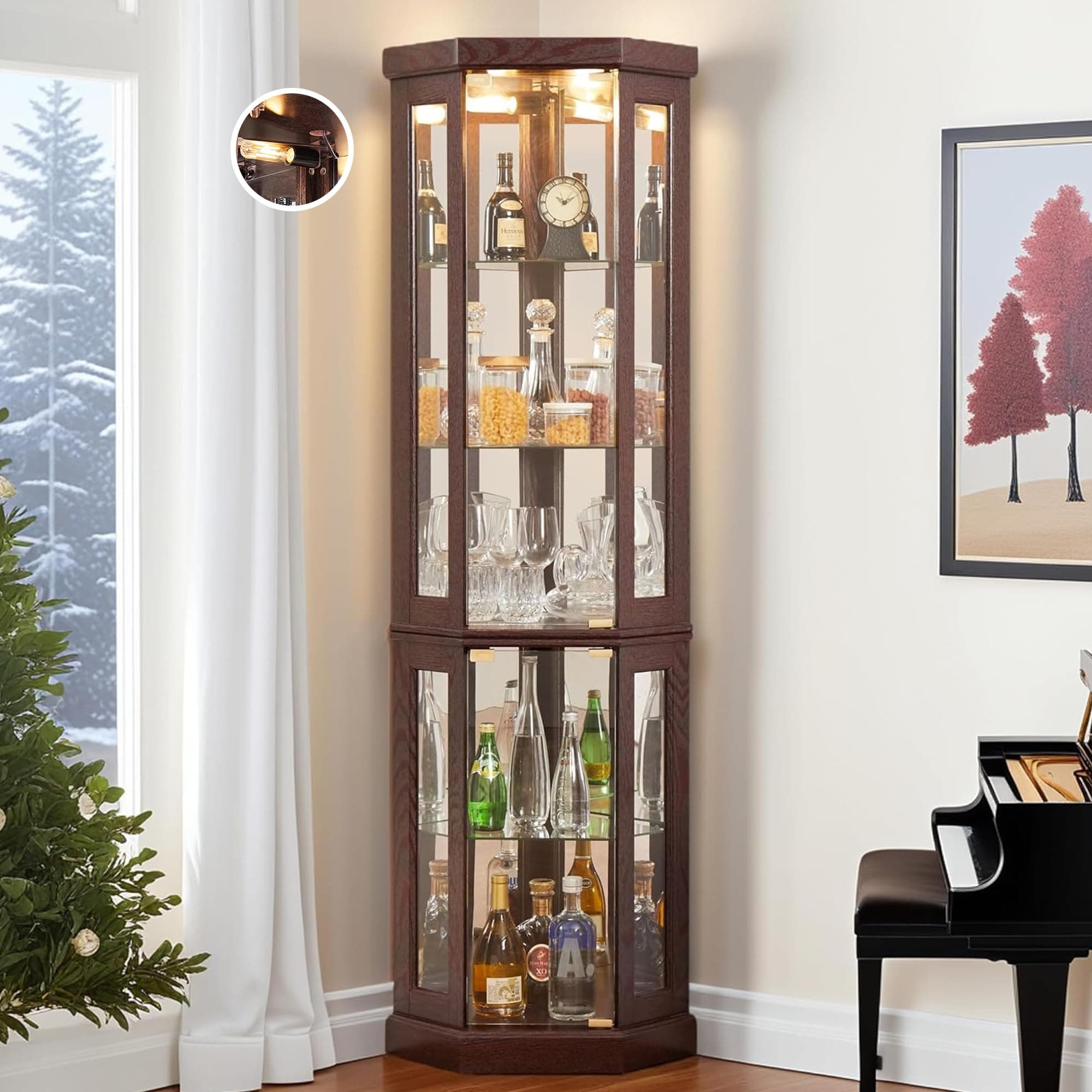 Corner Curio Cabinet, 70" H Lighted Glass Display Cage with Tempered Glass Doors and Adjustable Shelves, Bulb Inclued, Wine Bar China Cabinet for Living Room Liquor Storage (Dark Cherry)