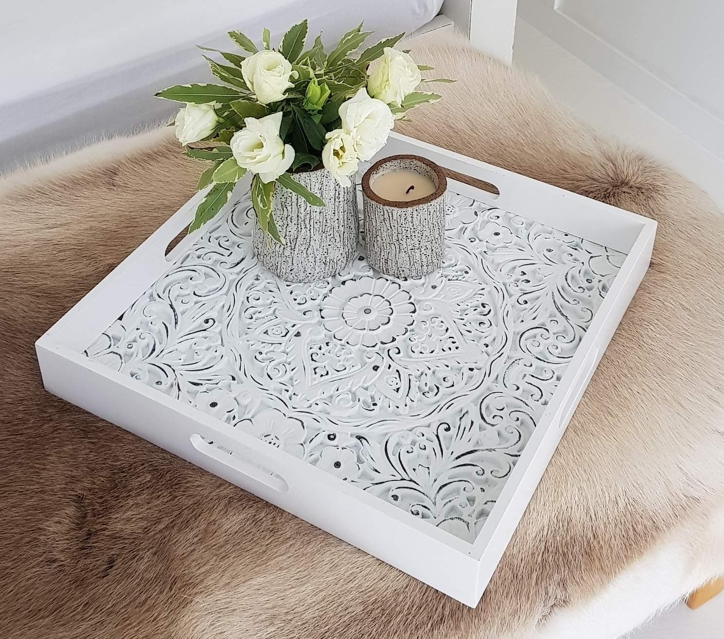 Decorative Serving Tray for Ottomans Large Square with Handles - White Carved Wooden Serving Trays for Coffee Tables, Breakfast in Bed, Display Tray, Parties | Home Decor | 15.75 x 15.75 Inches