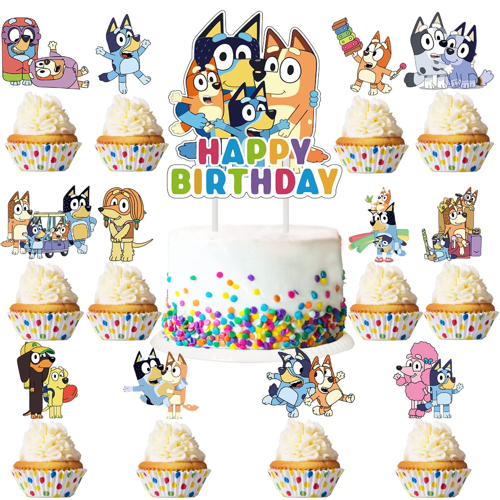 LIT-DAWN 25PCS Blue Dog Cake Cupcake Topper Decorations Cartoon Dog Happy Birthday Party Supplies for Kids Party Favors