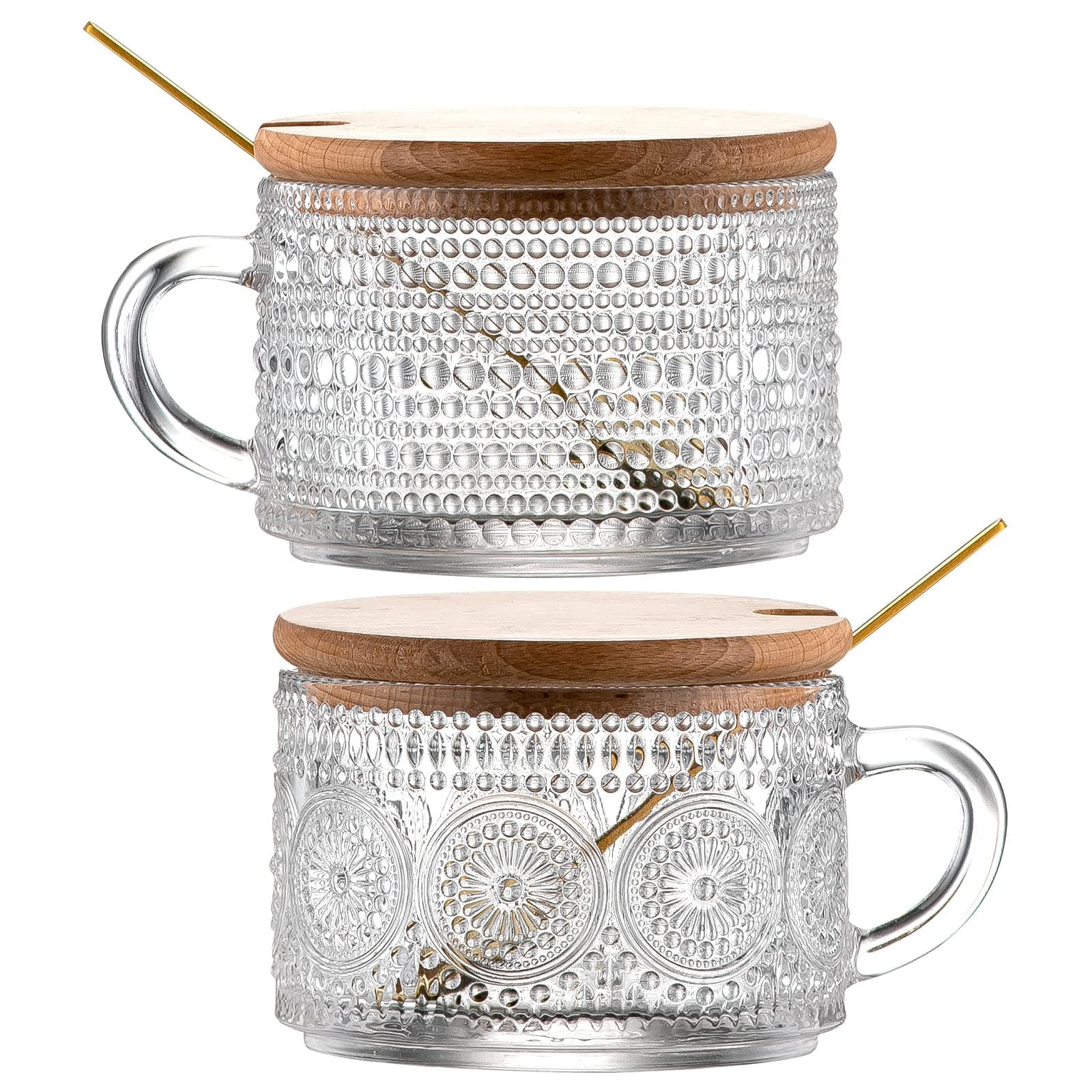 Gezzeny Vintage Glass Coffee Mugs with Wooden Lids 14 Oz Set of 2 Embossed Tea Cups for Cappuccino, Latte,Cereal, Beverage Christmas Thanksgiving Day Gifts