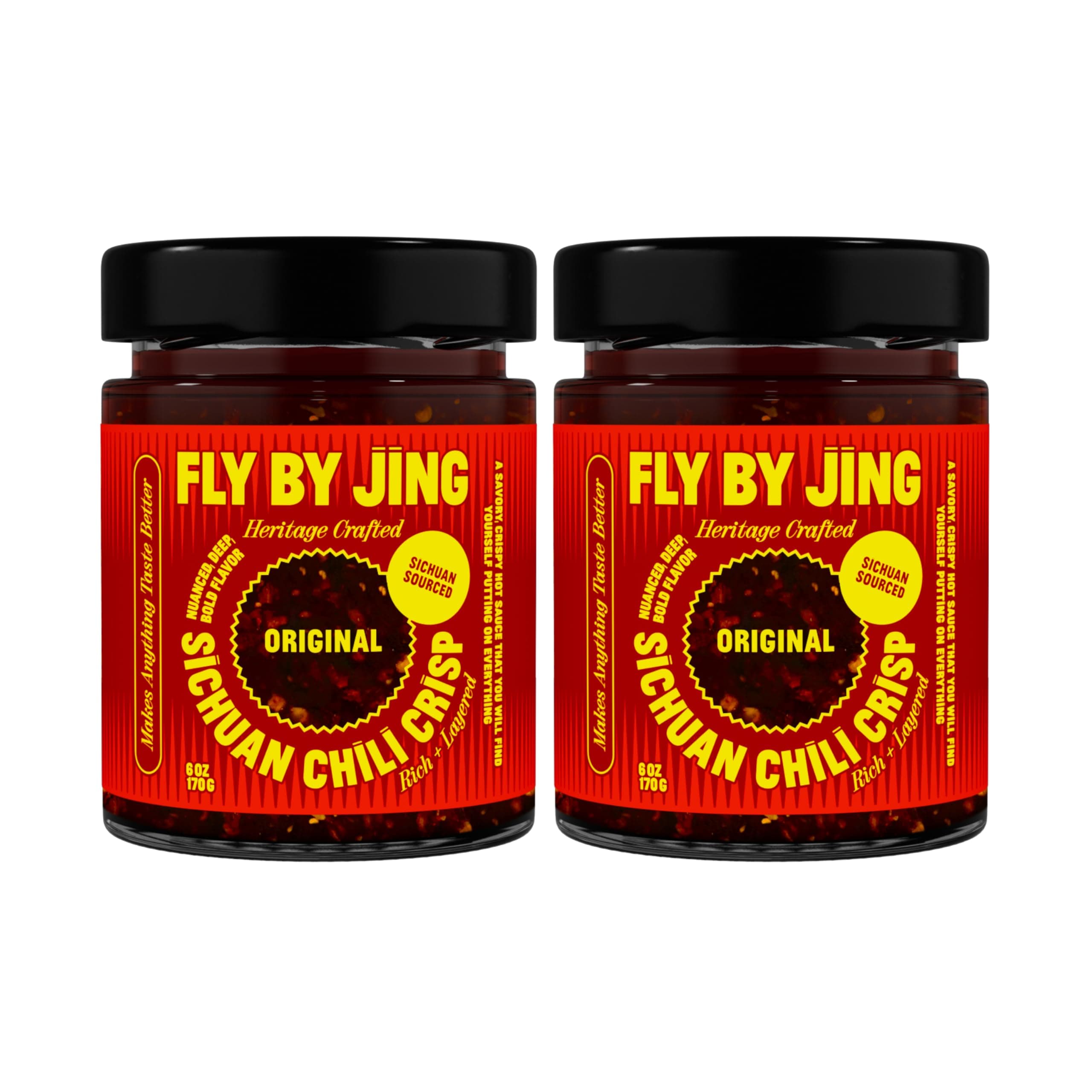 FLYBYJING Original Sichuan Chili Crisp: Premium Chili Oil w/Crunchy Garlic and Shallots - Spicy, Savory, Vegan, Sugar Free Hot Sauce - Good on Noodles, Proteins, Veggies & Everything, 6oz (Pack of 2)