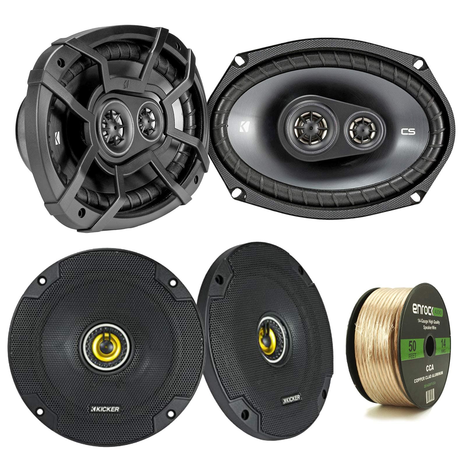 2 Pair Car Speaker Package of 2X Kicker CSC654 300-Watt 6.5" Inch 2-Way Black Coaxial Speakers + 2X CSC6934 450W 6x9 CS Series 3-Way Speakers - Bundle Combo with Enrock 50 Foot 14 Gauge Speaker Wire