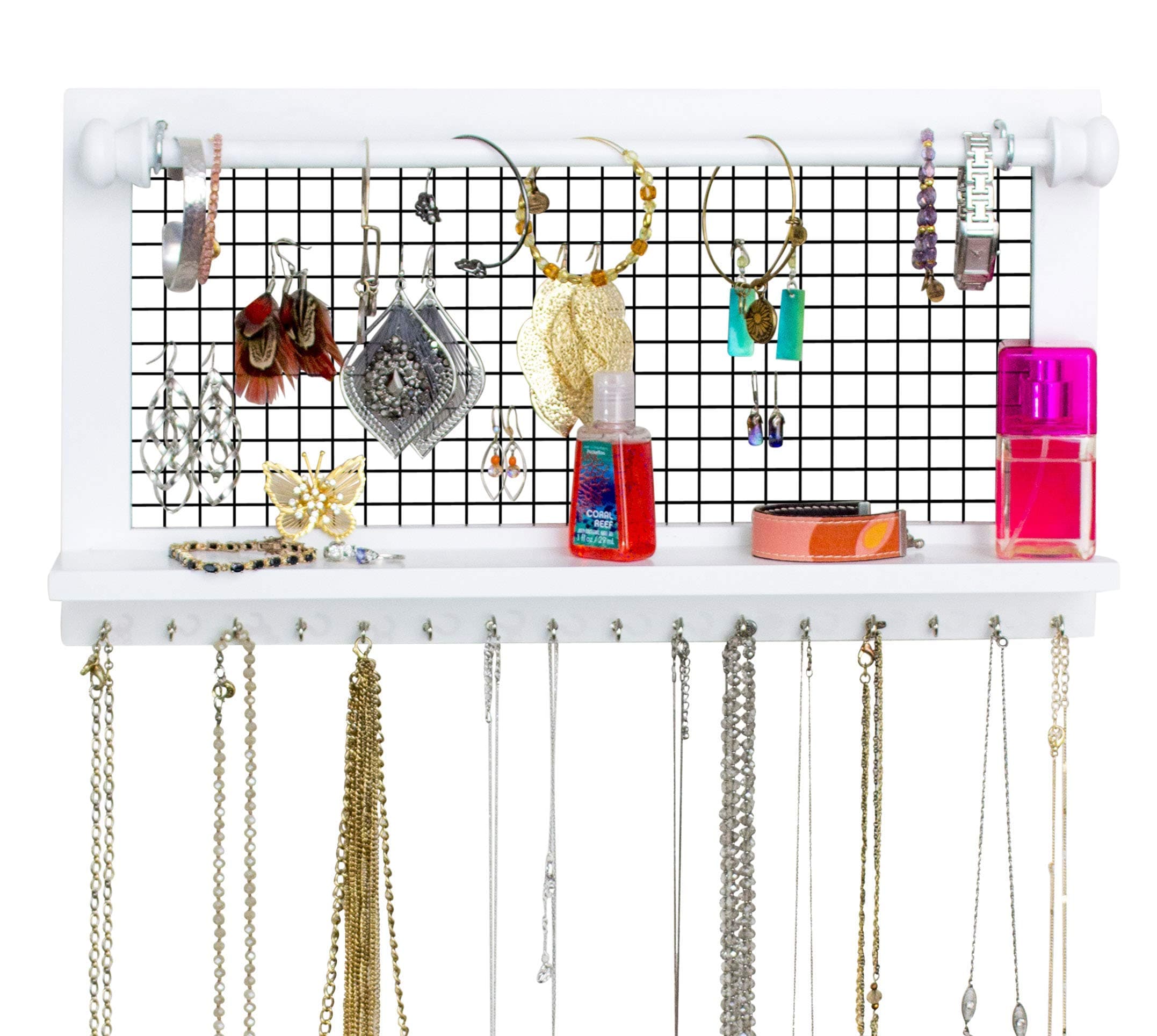 SoCal Buttercup Wall Jewellery Organiser with Bracelet Rod from Hanging Jewellery Stand Rack - Pearl White Wood Finish - Wooden Holder for Earrings, Necklaces, Bracelets, and Accessories …