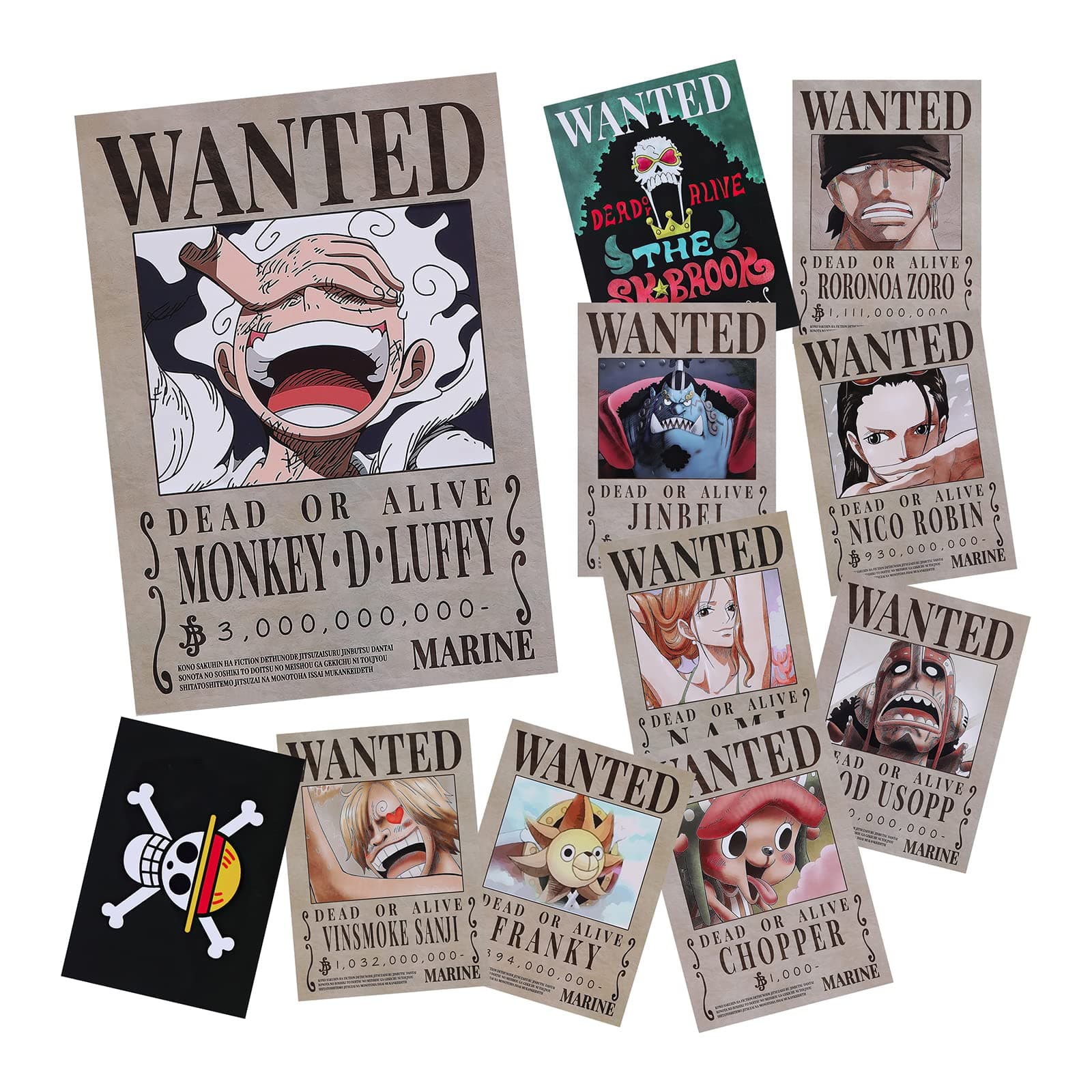 11 PCS Anime Nika Luffy 3 billion Wanted Bounty Paper Poster Straw Hat Pirates Crew Zoro Sanji Nami Usopp Chopper Robin Franky Brook Jinbei (11×8 in)
