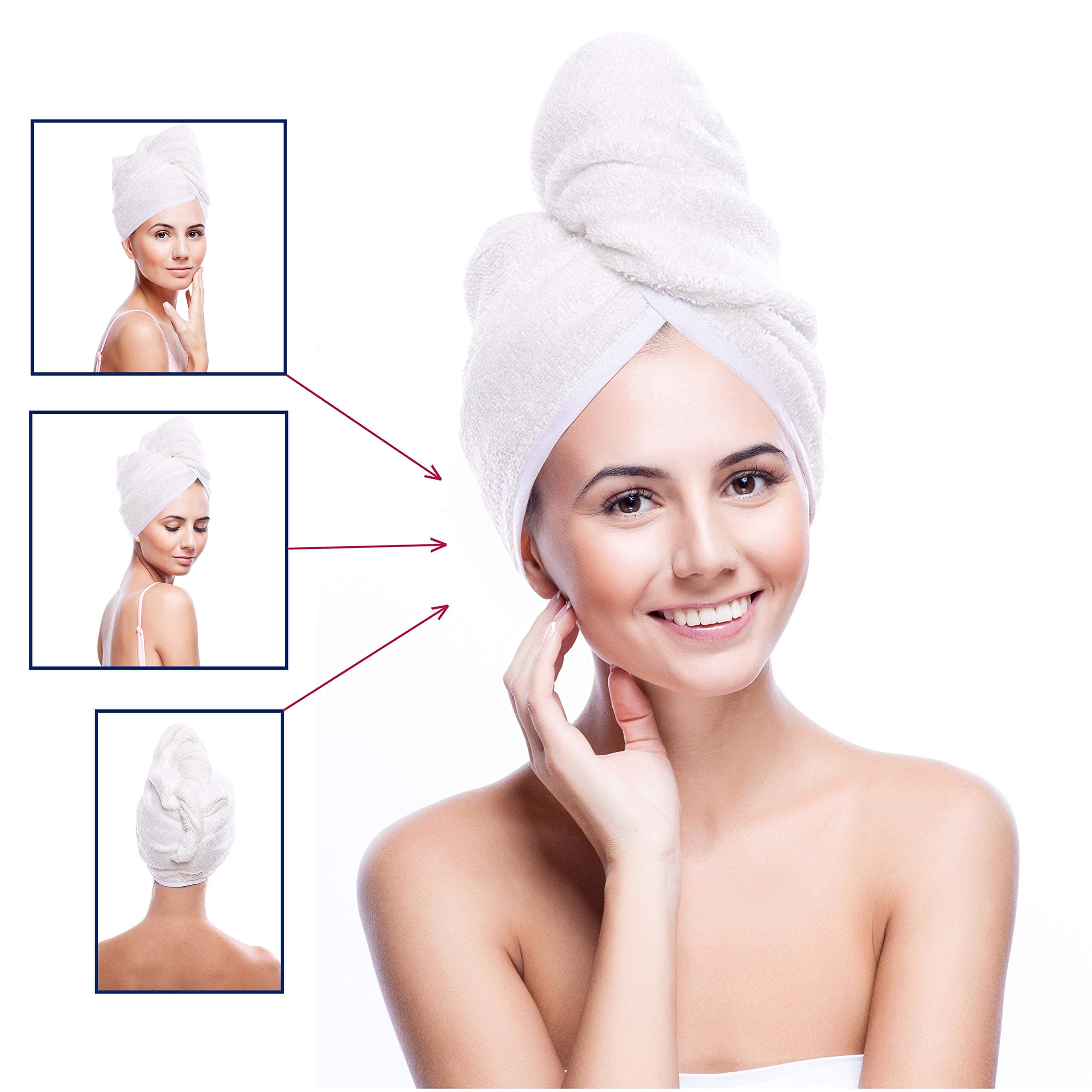 Hair Towel Turban Wrap Microfiber Fast Drying Frizz-Free Tapered Design Bath Shower Head Towel with Buttons Comfortable and Lightweight Compact (White - Pack of 1)