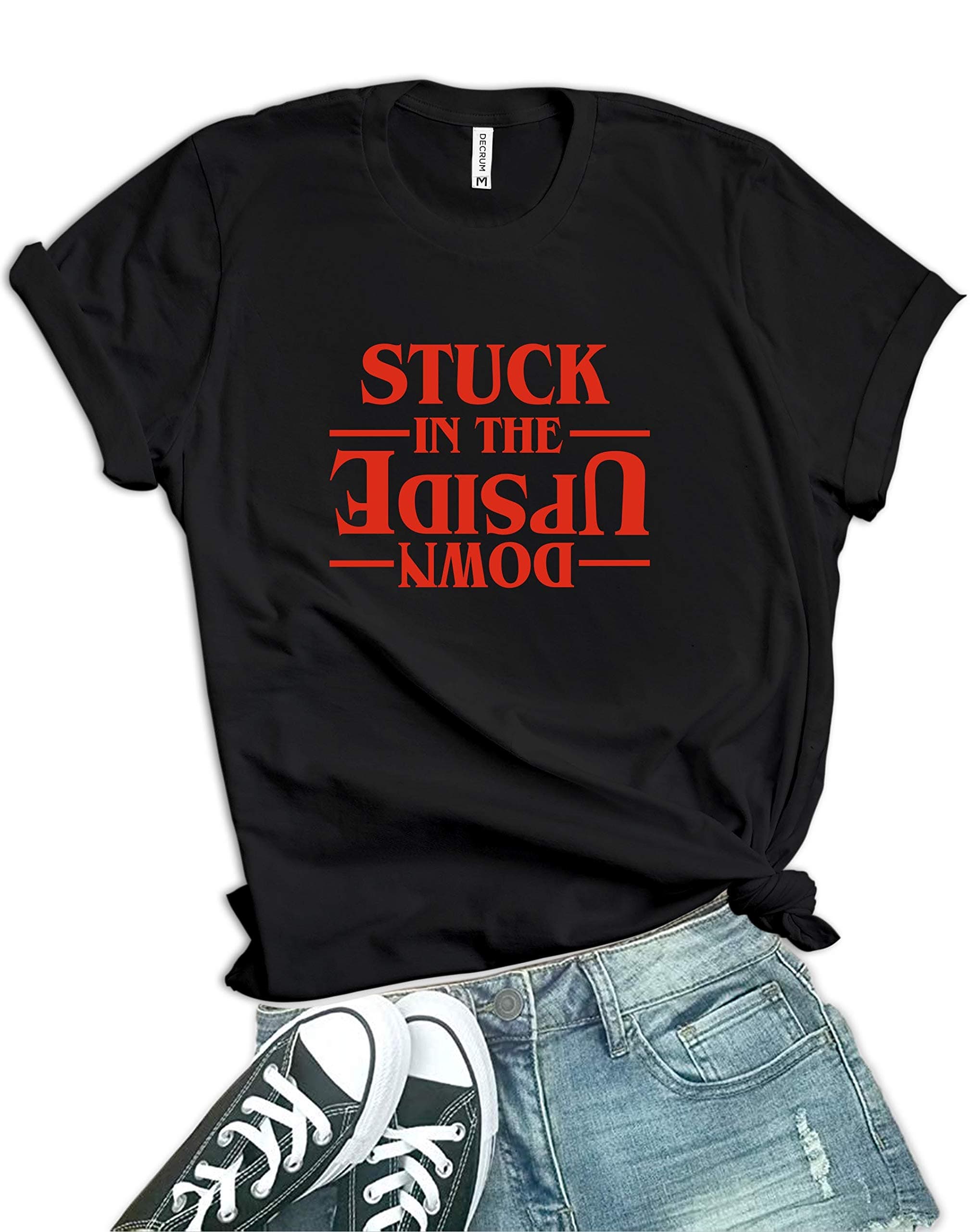 Black Womens Stranger Merchandise Vintage Things Stuck Upside Down Shirts | [40021015-CP] Up Down, XL