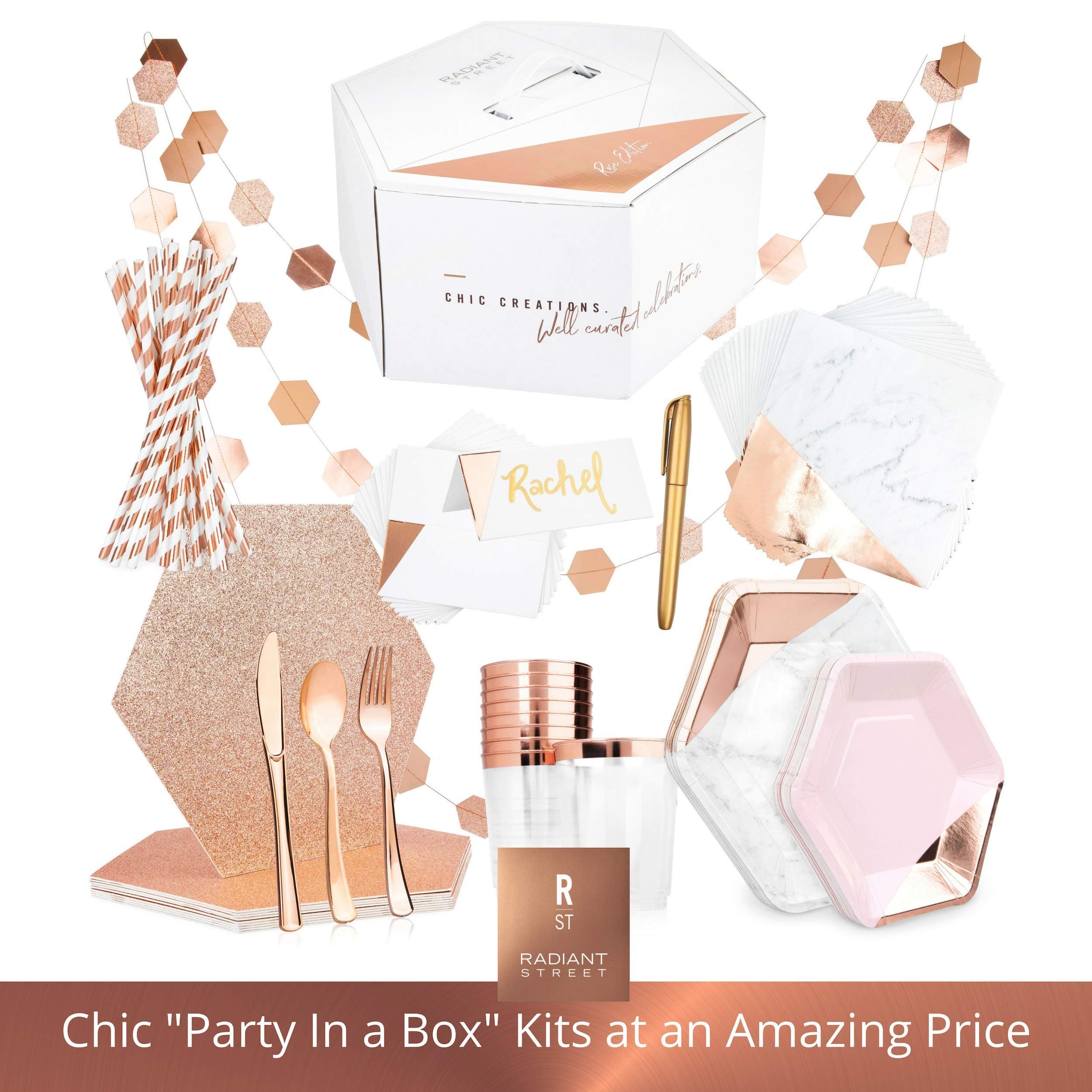 Rose Gold Party Supplies - One of a Kind Party in a Box for 10 Guests - Chic 122 Piece Kit Includes Placemats, Paper Plates, Straws, Napkins, Plastic Cups, Silverware, Name Cards, Decorations & More