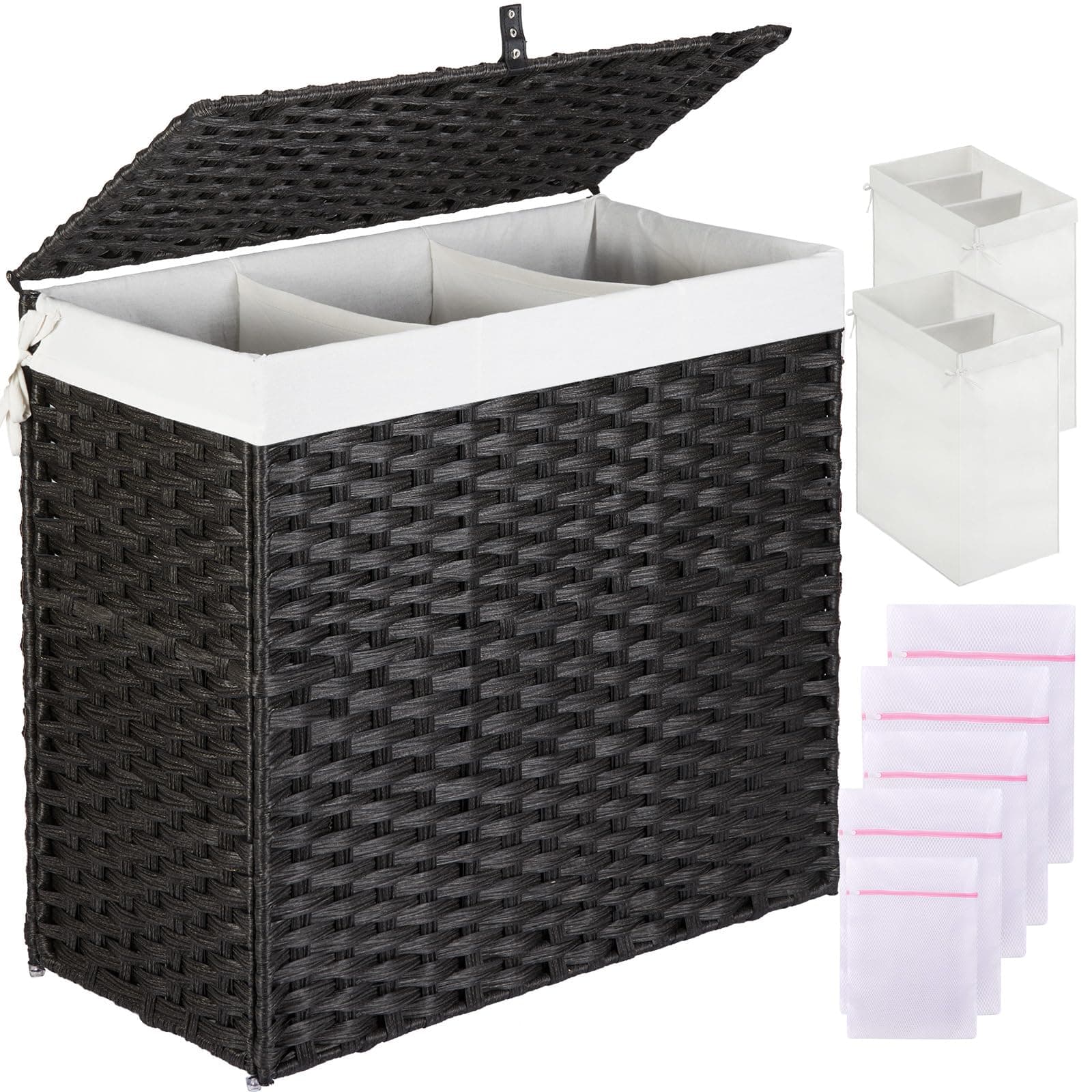 Greenstell Laundry Hamper with Lid, 125L Large Clothes Hamper with 3 Section & 2 Section Removable Liner Bags & 5 Mesh Laundry Bags, Handwoven Synthetic Rattan Divided Laundry Basket, Black