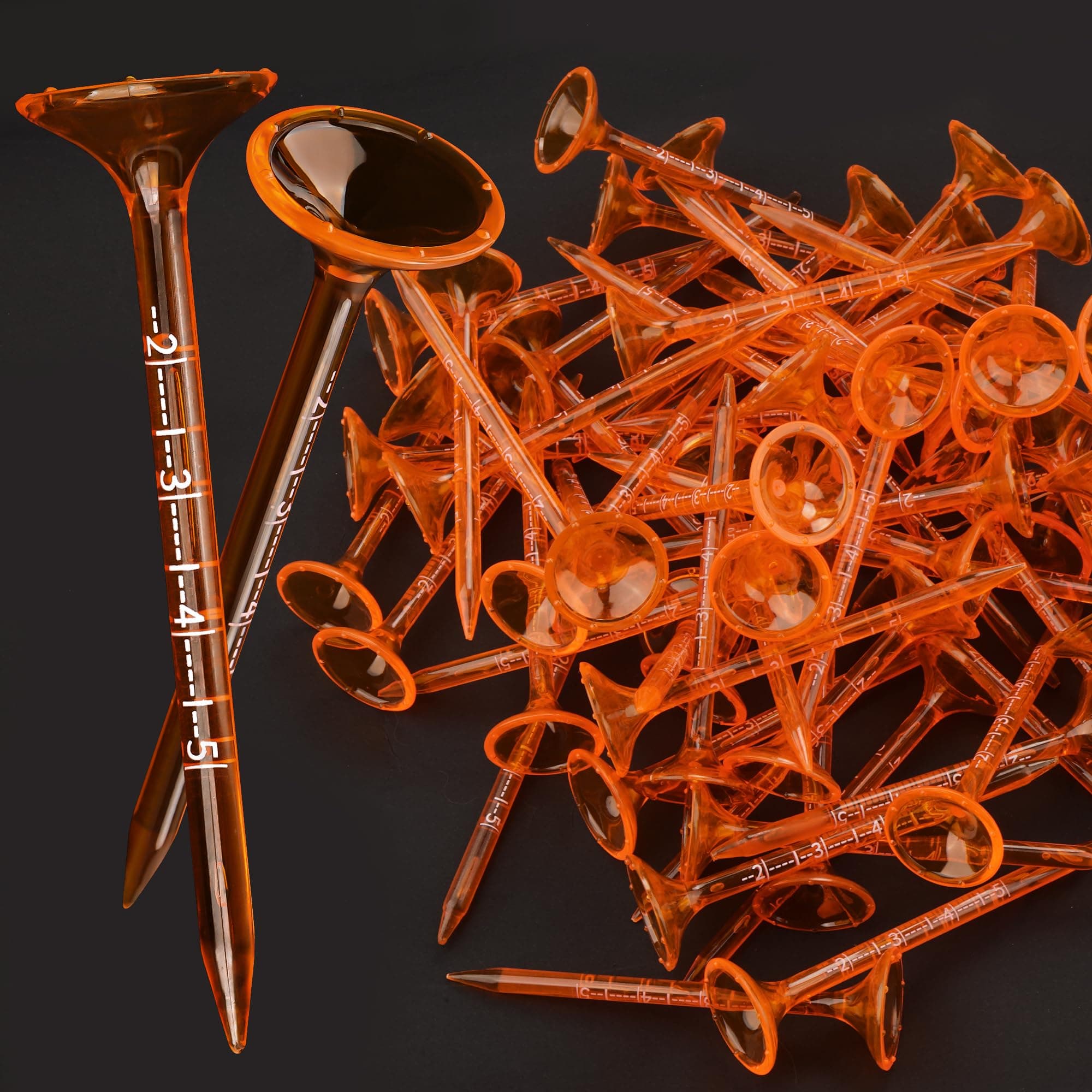 Golf Tees 3 1/4'' Unbreakable Orange Transparent Acrylic with Tick Marks, Plastic Golf Tees Reduce Side Spin & Friction, Long Golf Tee 8 Prongs - 50 Pack (Orange)