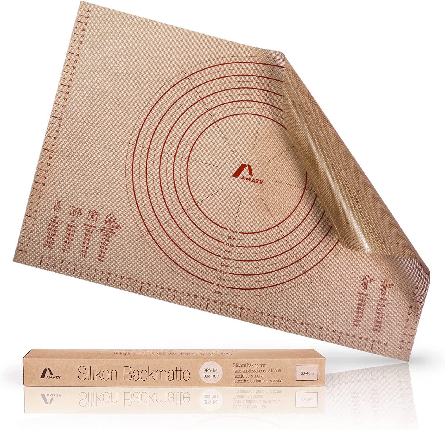 Amazy Baking Mat - Baking Mat for Processing Dough, Cake, Bread, Pizza Made of Food-Grade Silicone, Non-Slip, Robust & Heat Resistant up to 250 °C - Large Base with Dimensions 60 x 40 cm