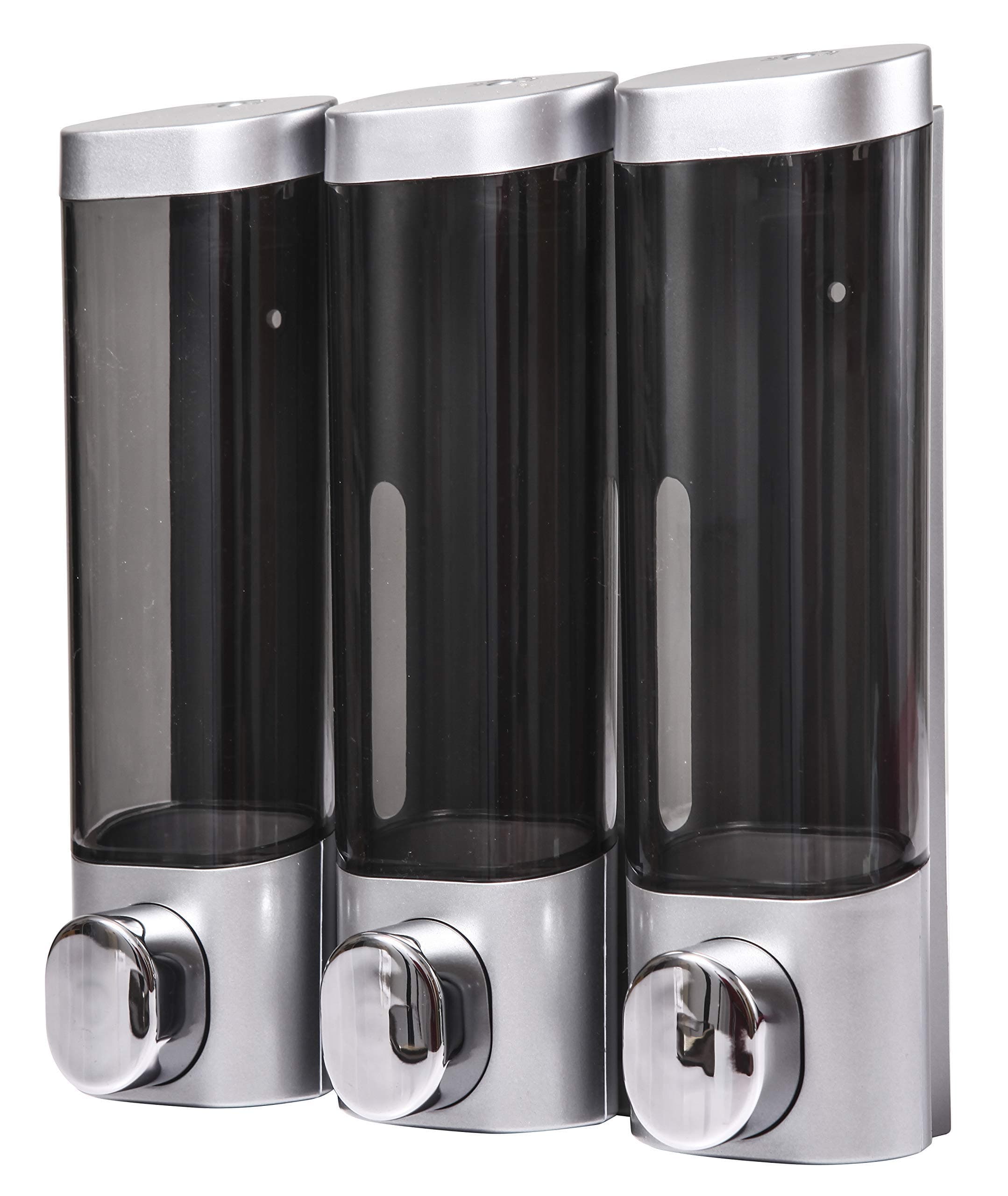 3-Chamber Wall Mounted Bathroom Shower Pump Dispenser and Organizer - Holds Shampoo, Soap, Conditioner, Shower Gel, Lotion - Clear Chambers, Push-Button - Each Chamber Holds 10 oz (300ml) - Silver