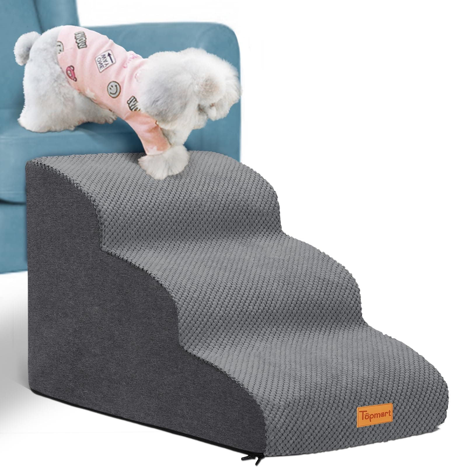 Topmart 3 Tiers Foam Dog Ramps/Steps,Non-Slip Dog Steps,Extra Wide Deep Dog Stairs,High Density Foam Pet Stairs/Ladder,Best for Older Dogs,Cats,Small Pets, Grey