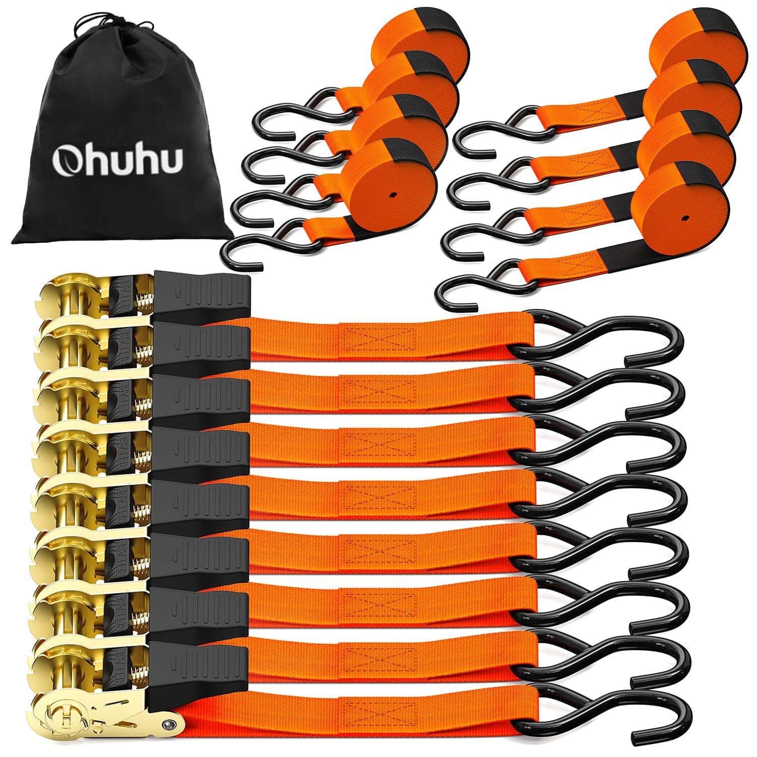Ratchet Tie Down Strap 8-Pack 15 Ft - 500 lbs Load Cap with 1500 lbs Breaking Limit, Ohuhu Ratchet Tie Downs Logistic Cargo Straps for Moving Appliances, Motorcycle, Orange