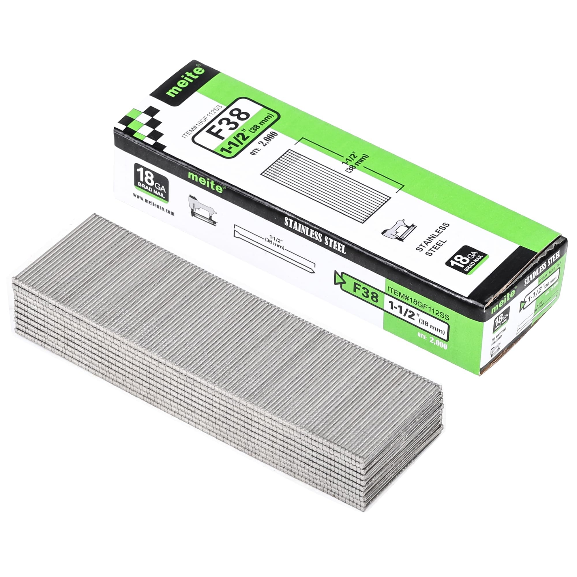 18 Gauge Stainless Steel Brad Nails, 1-1/2 Inch 18GA Brad Nails, 304 Stainless Steel Small Finishing Nail Gun Nails for Pneumatic, Electric Brad Nailer Gun (2,000 Counts)