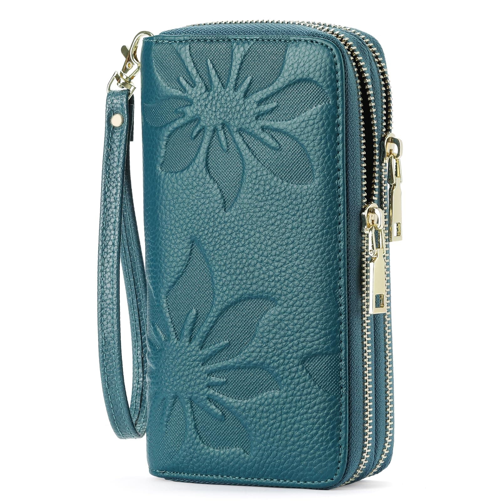 GOIACII Women's Wallet Large Capacity Double Zip Ladies Card Phone Holder RFID Blocking Wristlet Leather