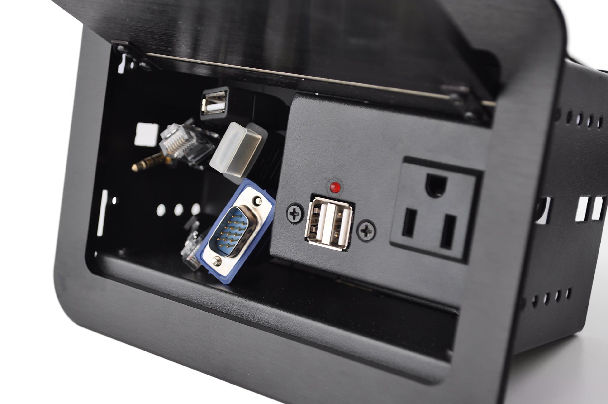 Yolkvisual Conference Table Connectivity Box 1 x AC Pwr (US) + 2 US B Charger + 1USB(M/M) + 1 VGA + 1 HDMI + 2 RJ45(CAT6) + 1 Audio3.5mm, with 1.8M Cables