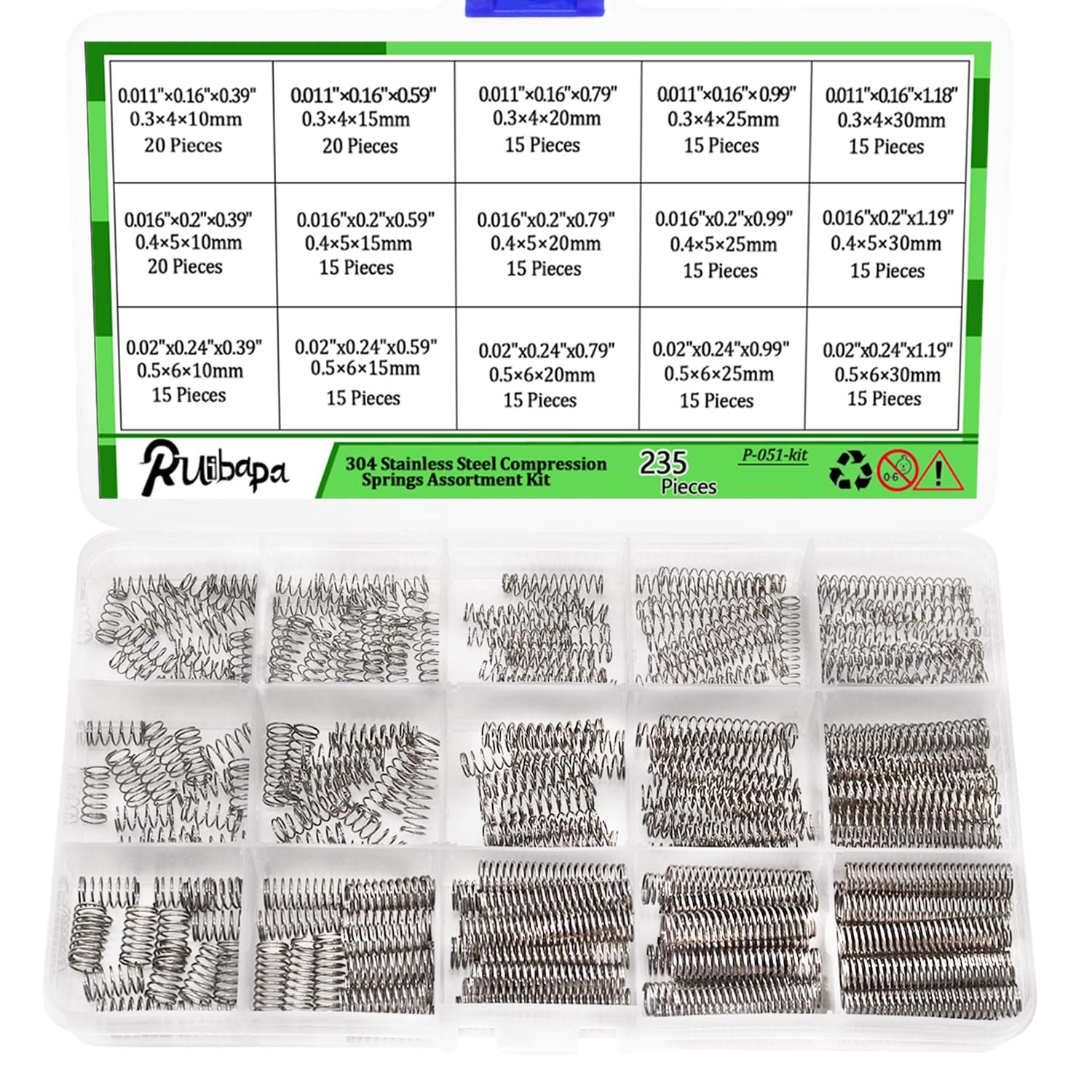235PCS Springs Assortment Kit 304 Stainless Steel Compression Springs kit with 15 Different Sizes for Home Repairs & DIY