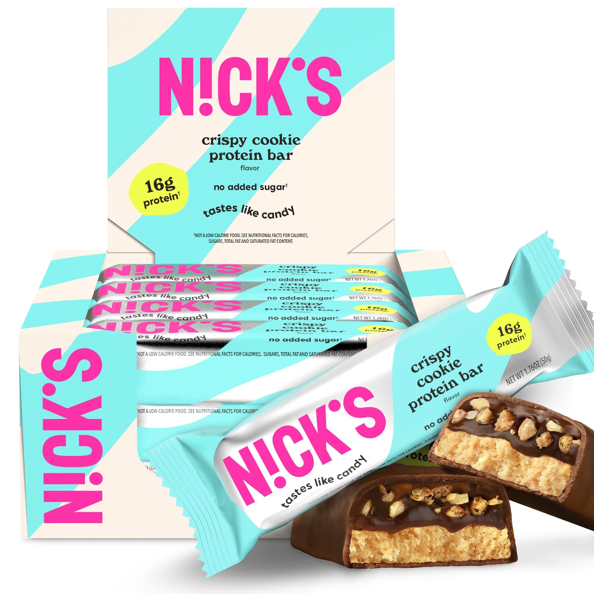 N!CK'S Nick's Protein Bars Crispy Nougat,16g protein,210 calories,Low Carb Keto Friendly Snacks No Added Sugar (Multipack 12 bars x 50g)