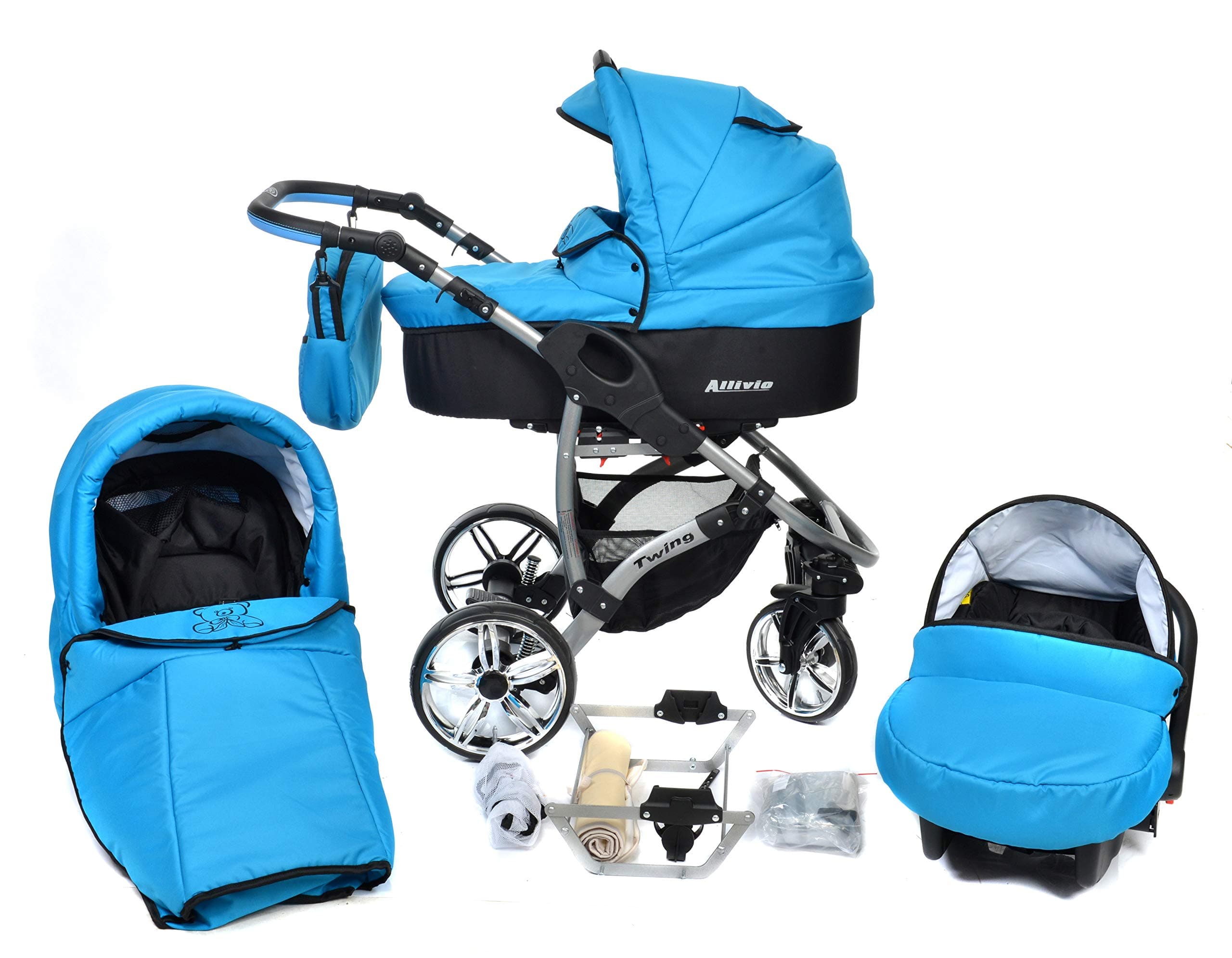 ALLIVIO, 3-in-1 Travel System with Baby Pram, Car Seat, Pushchair & Accessories (3in1 Travel System -Baby tub, Sport seat, Car seat, Black & Blue)