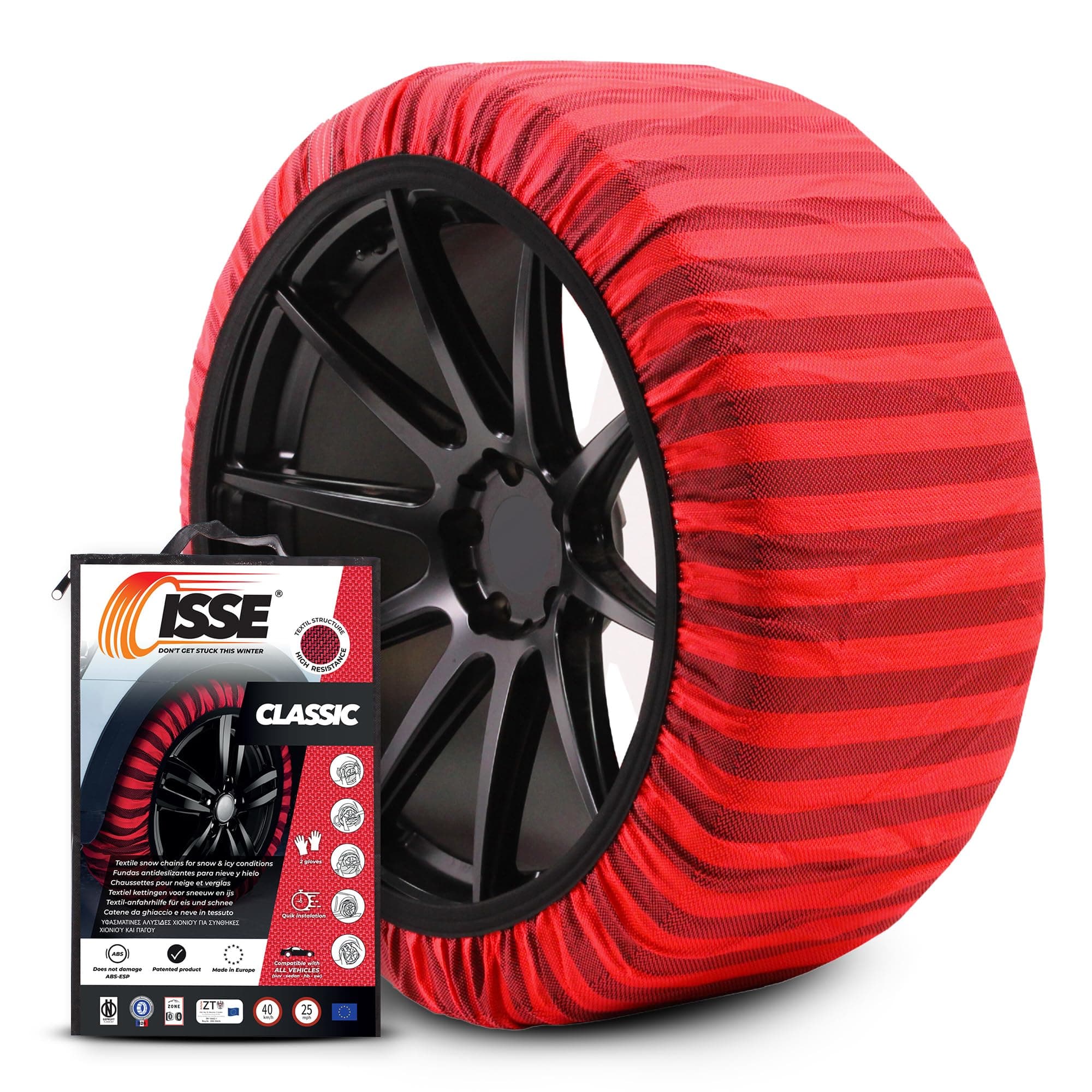 ISSE Snow Socks T-62 | Homologated and High Safety Textile Snow Chains - Kit of 2 Chains for Cars + Gloves