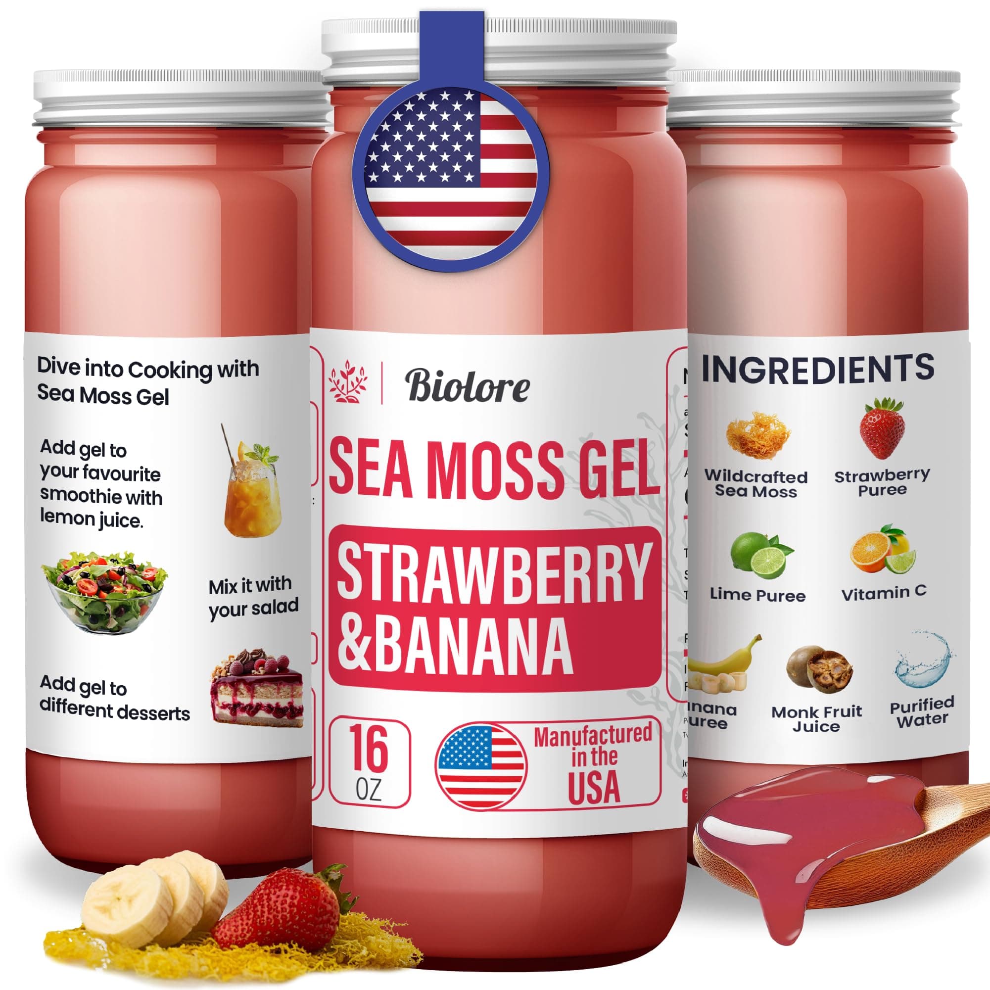 Sea Moss Gel - Strawberry Banana 16oz, Wildcrafted Irish Seamoss with Essential Vitamins & Trace Minerals, Vegan Superfood Made in USA
