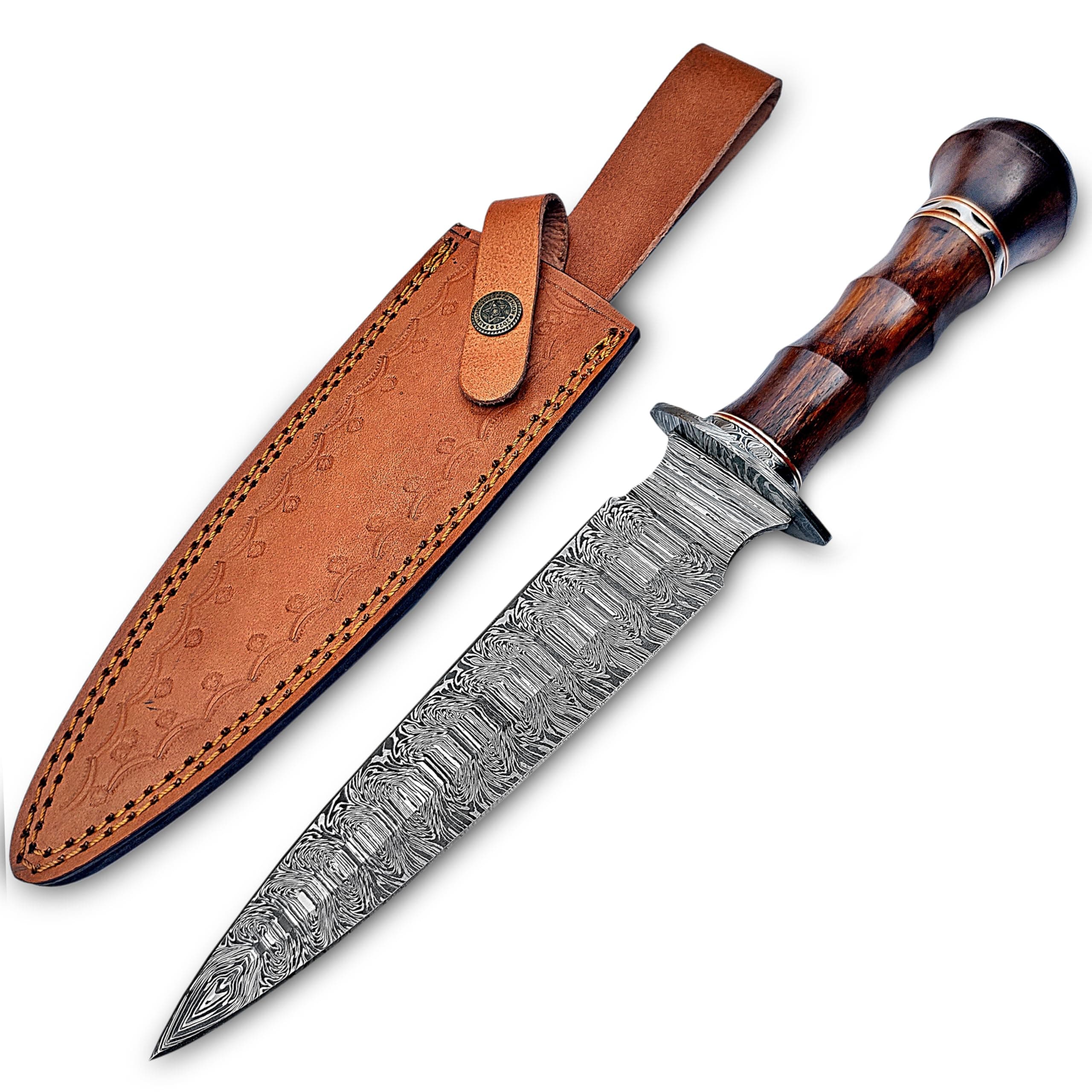 - WARIVO KNIFE Handmade Damascus Steel Dagger Knife, 13 Inches Hunting knife Perfect Grip with Wood Handle, EDC Fixed Blade Knife With Leather Sheath for Camping, Tactical, Survival