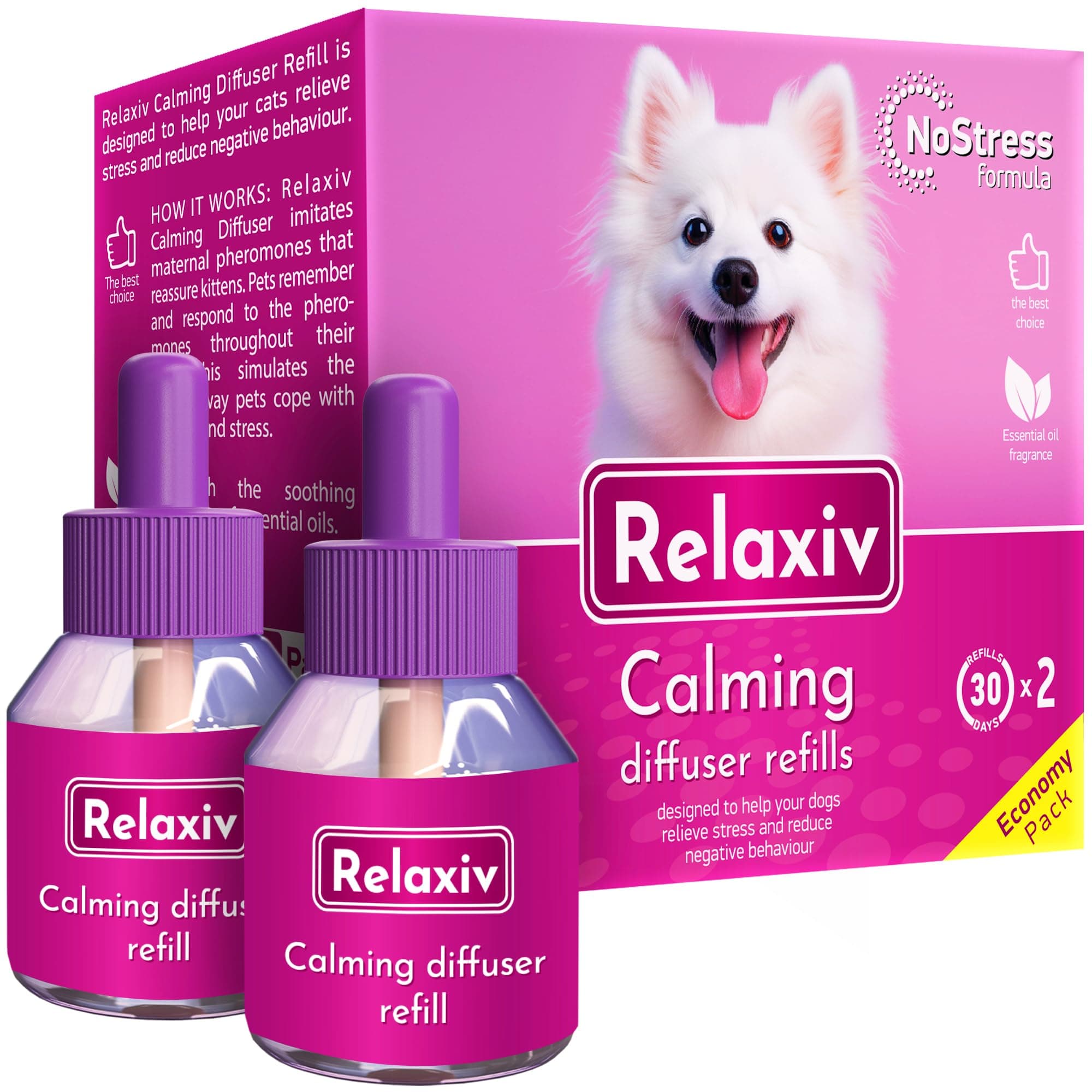 Dog Calming Pheromone Diffuser Refill 2 Pack | Improved DE-Stress Formula | Anti-Anxiety Treatment for Cats | Reduce Spraying, Scratching, Fighting