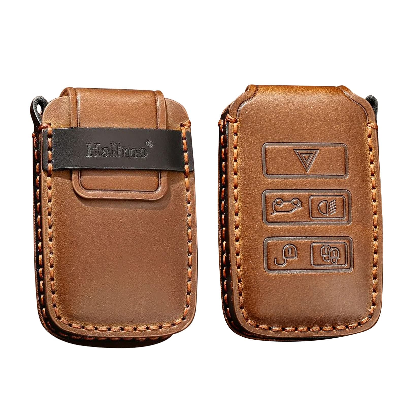 HIBEYO For Land Rover Leather Key Car Fob Cover Holder Protector for Range Rover Sport Evoque Velar Discovery 5 2018 2019 5-Button Remote Car Key Case Keyring Key Chain Key Ring(brown)