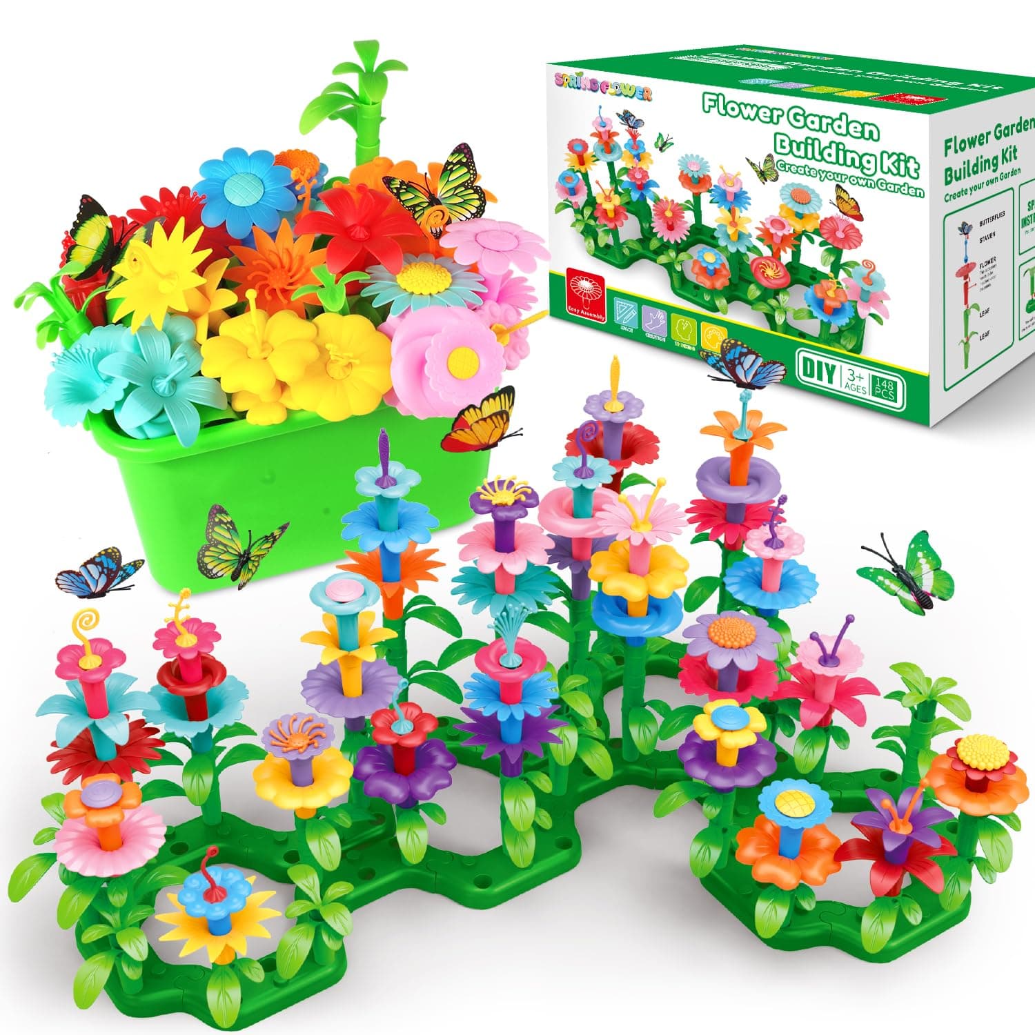 SpringFlower Toys for Girls 3 4 5 6 7 Years Old, Flower Garden Building Kit with Storage case,Educational STEM Toy and Preschool Garden Play Set for Toddlers, for Kids,148pcs
