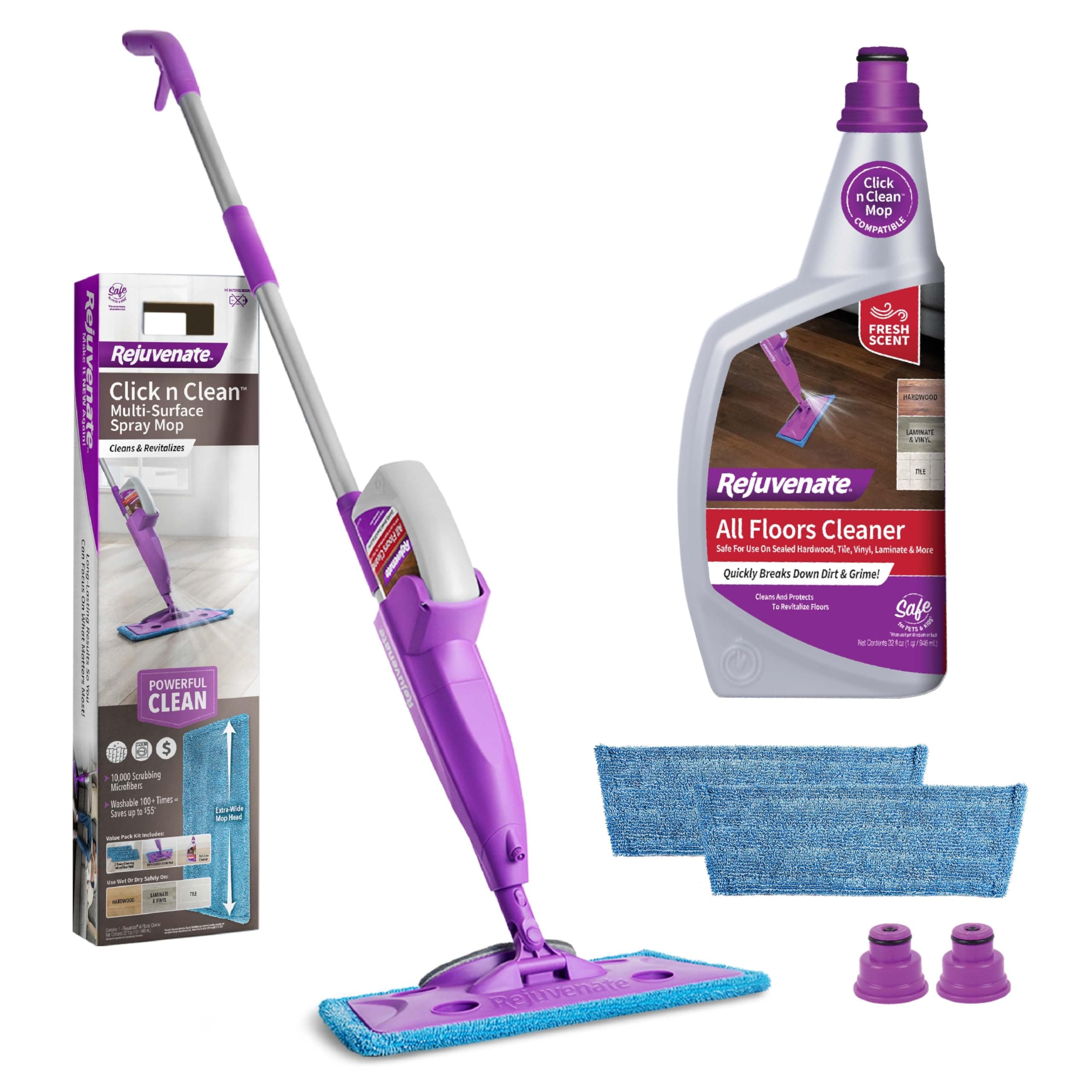 Rejuvenate Click N Clean Multi-Surface Spray Mop System Complete Bundle Includes Free Click-On Pro Grade Grout Brush 2 x Reusable Microfiber Pads 1 x 32oz No-Bucket Floor Cleaner (Purple 4-Pack)