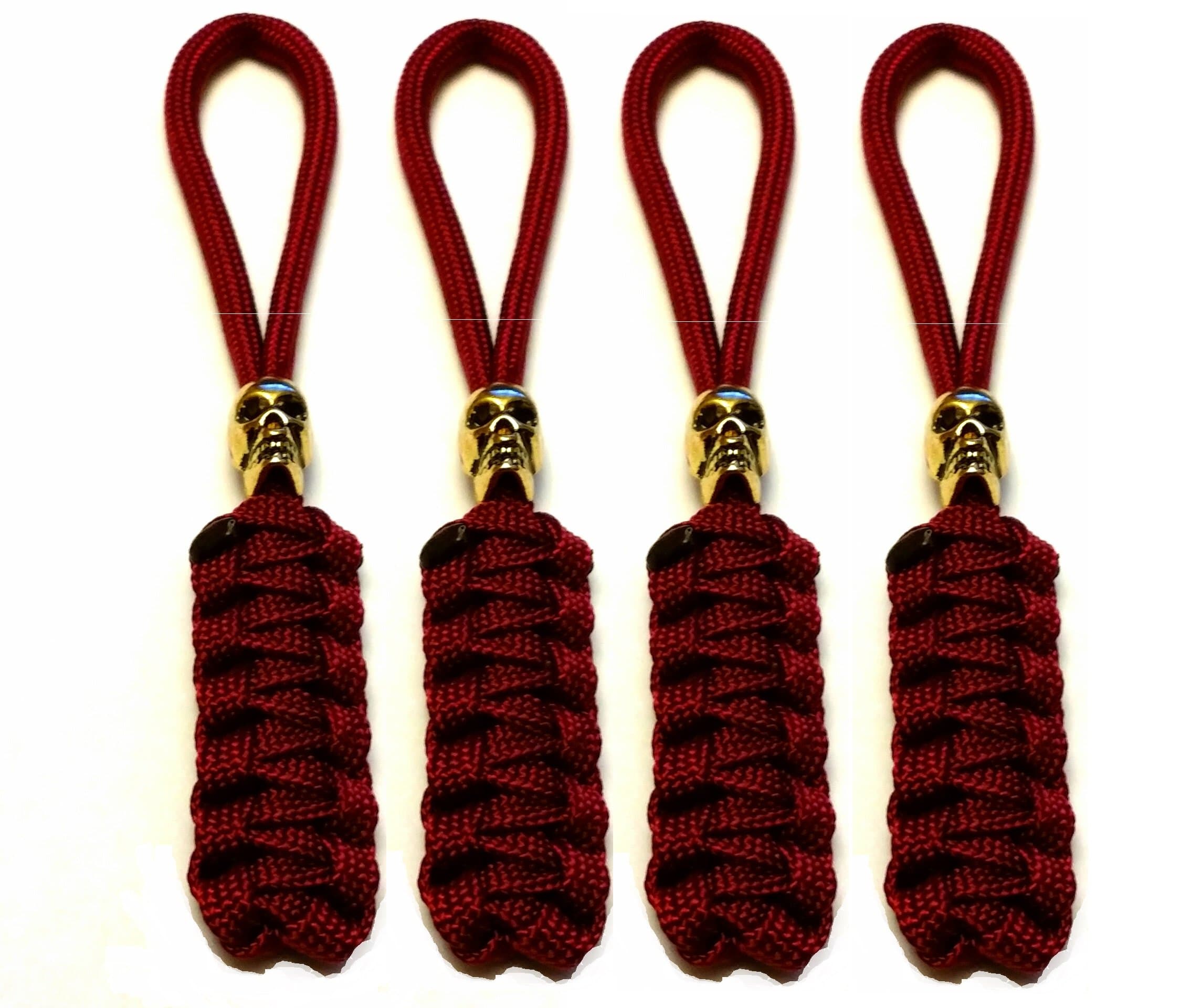 4 Burgundy Todd Begg Inspired Paracord Knife Lanyards / Zipper Pulls w/ Gold Skull Bead