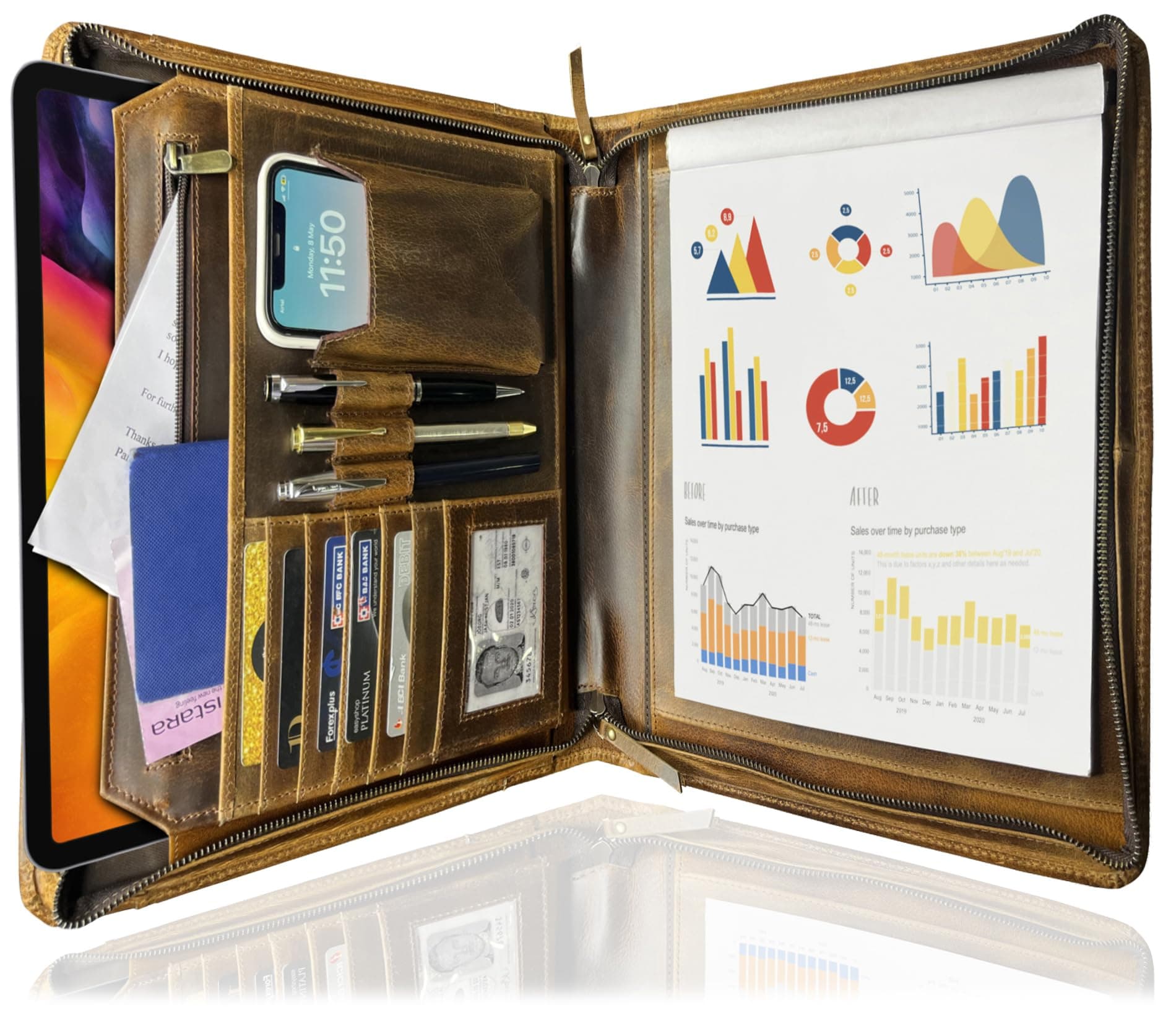 - RUSTIC TOWN A4 Leather Document Folder - Full Grain Leather Conference Portfolio - Stylish Organizer Folio for Writing Notepad, Pen and Business Card Holder - Zipped Padfolio for Men & Women