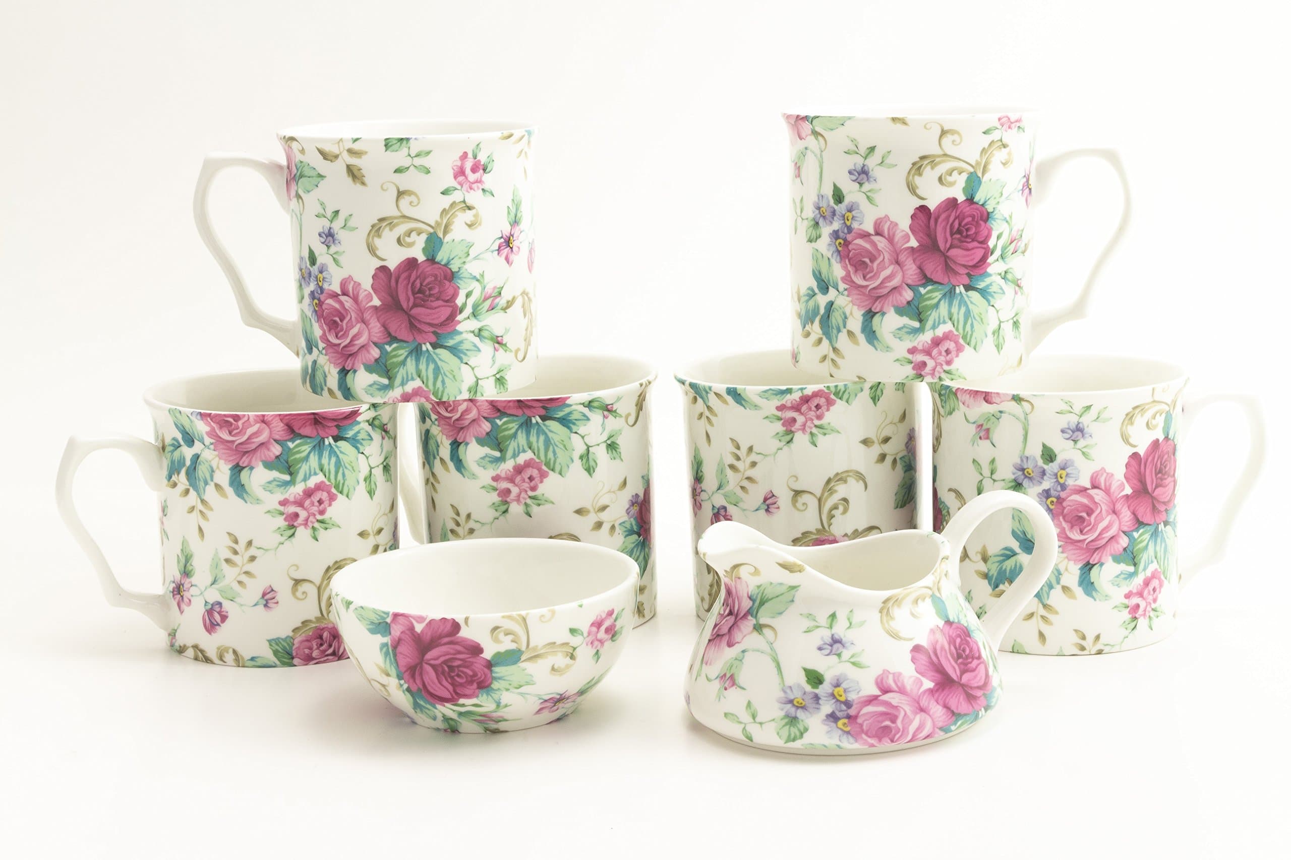 Country Roses Porcelain Gift Set - 6 Porcelain Mugs, 1 Sugar Bowl & Cream - by Shannonbridge Ireland