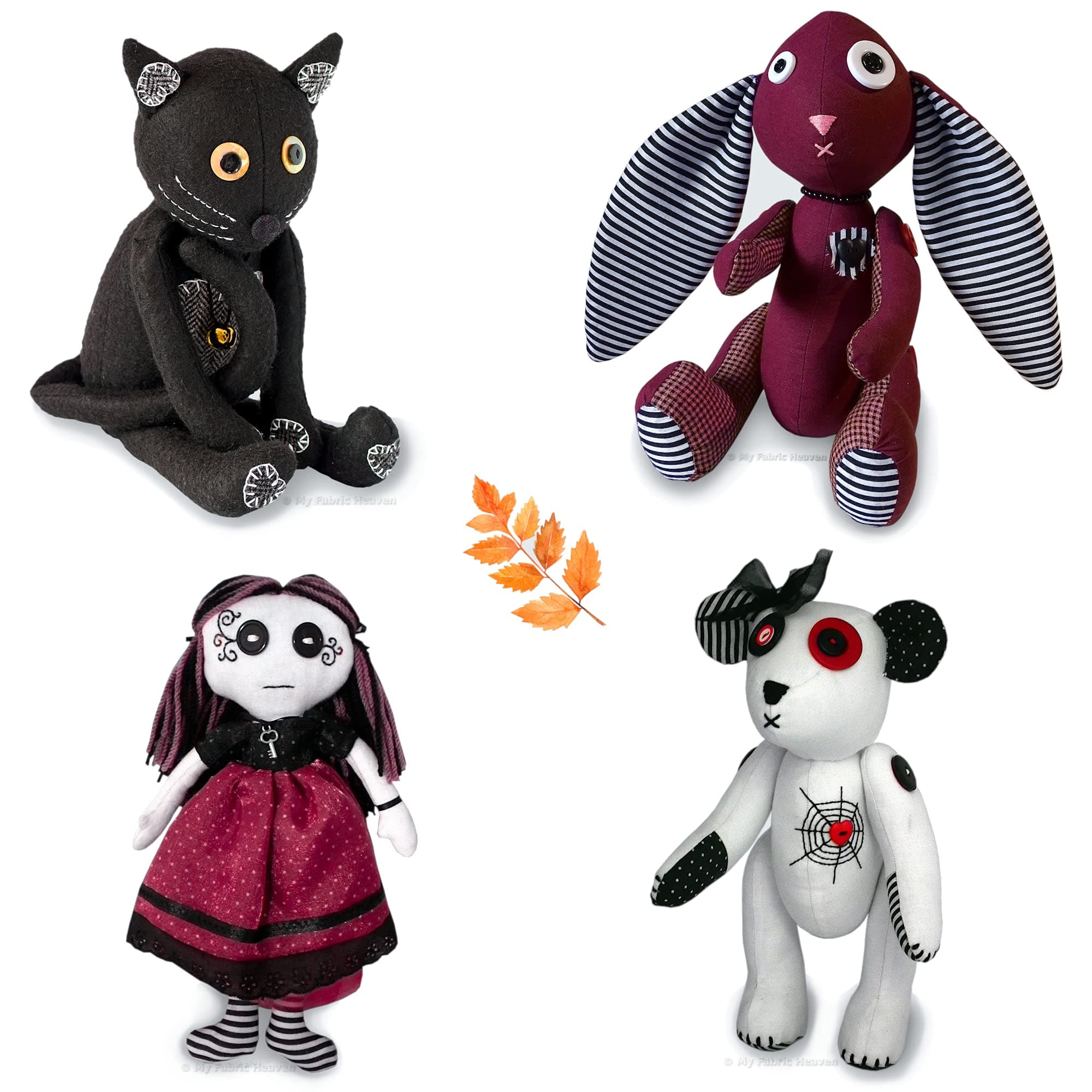 Four Discounted Halloween Gothic Sewing Patterns. Teddy Bear, Bunny, Cat, & Rag Doll, Handmade Stuffed Animal Soft Toys with Easy Photo-Tutorial Instructions. Free Post by MY FABRIC HEAVEN