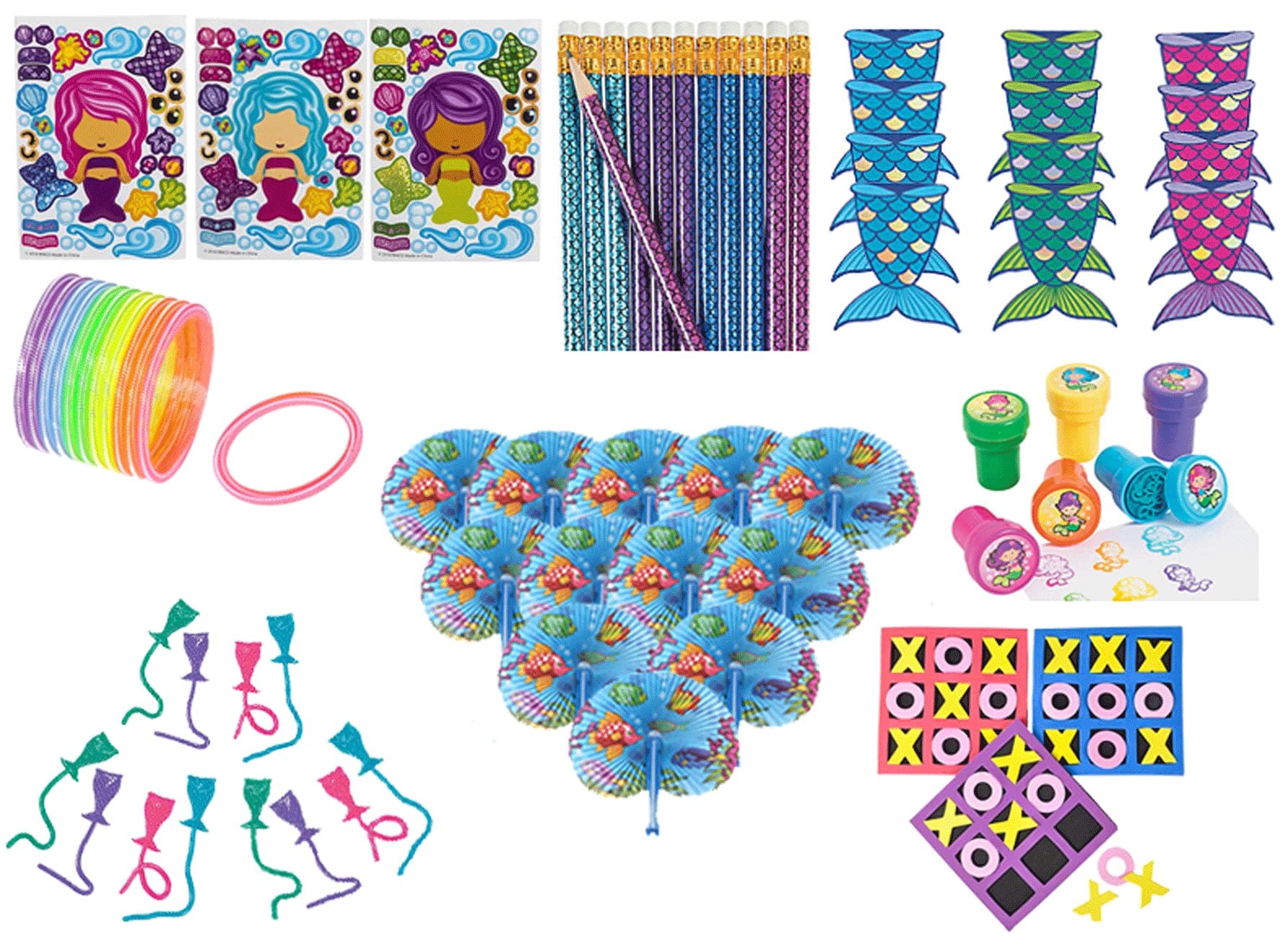 Mermaid Party Favors, Birthday Pack for 12 Kids – 156 Pieces – Novelty Toys – Notebooks, Pencils, Stampers, Make a Mermaid Stickers, Folding Fans, Sticky Tails, Bracelets, Tic-Tac-Toe