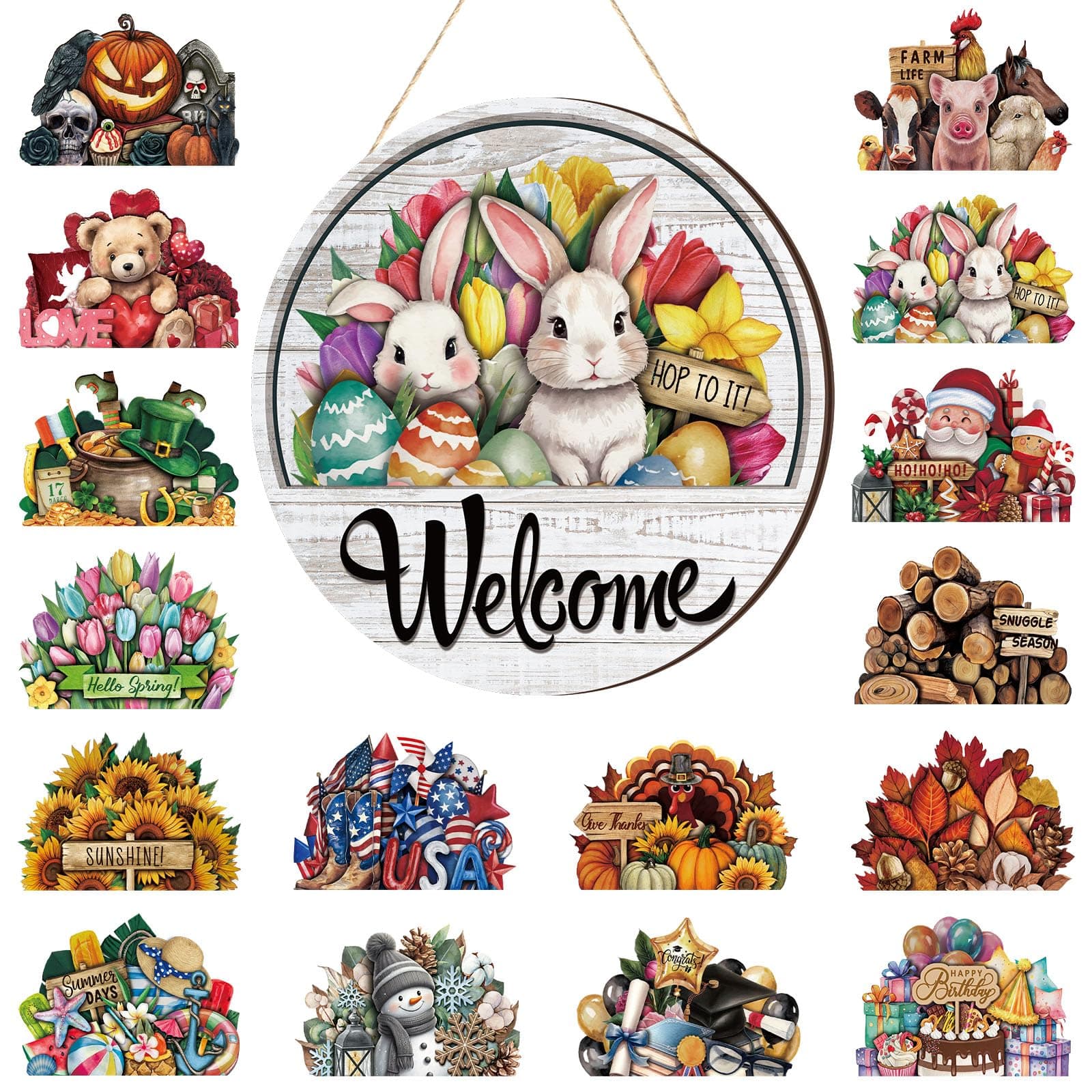 Yousoontic 17 Pcs 12 Inch Magnetic Welcome Door Sign Interchangeable Front Door Wreath Decor Rustic Seasonal Hanging Sign Easter Spring Decor for Home Warming Gift(Classic Color,Welcome)