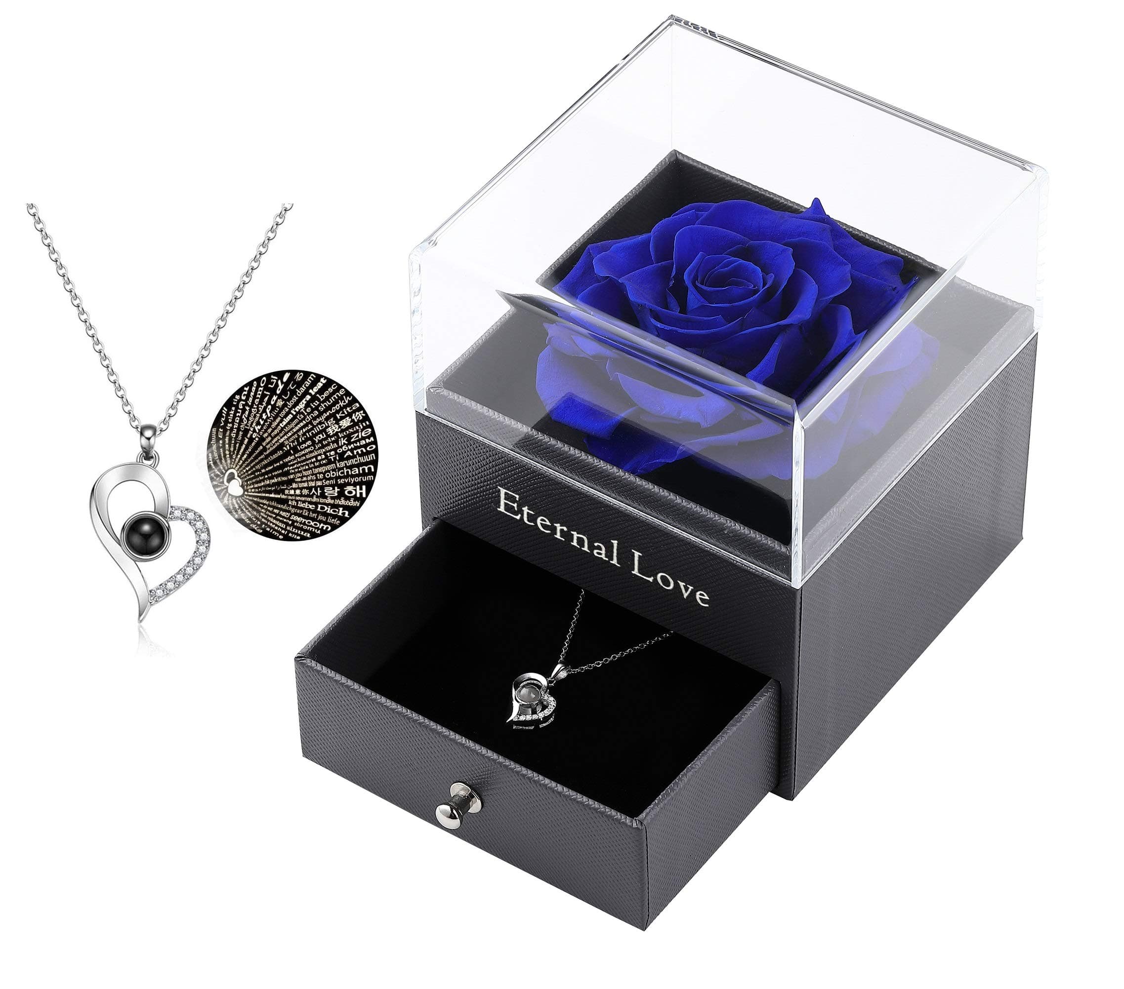 Preserved Blue Rose Drawer with Silver-Tone Special Heart Necklace, Handmade Fresh Rose Romantic Gift for Her on Valentine's Day, Mother's Day (Blue Rose)