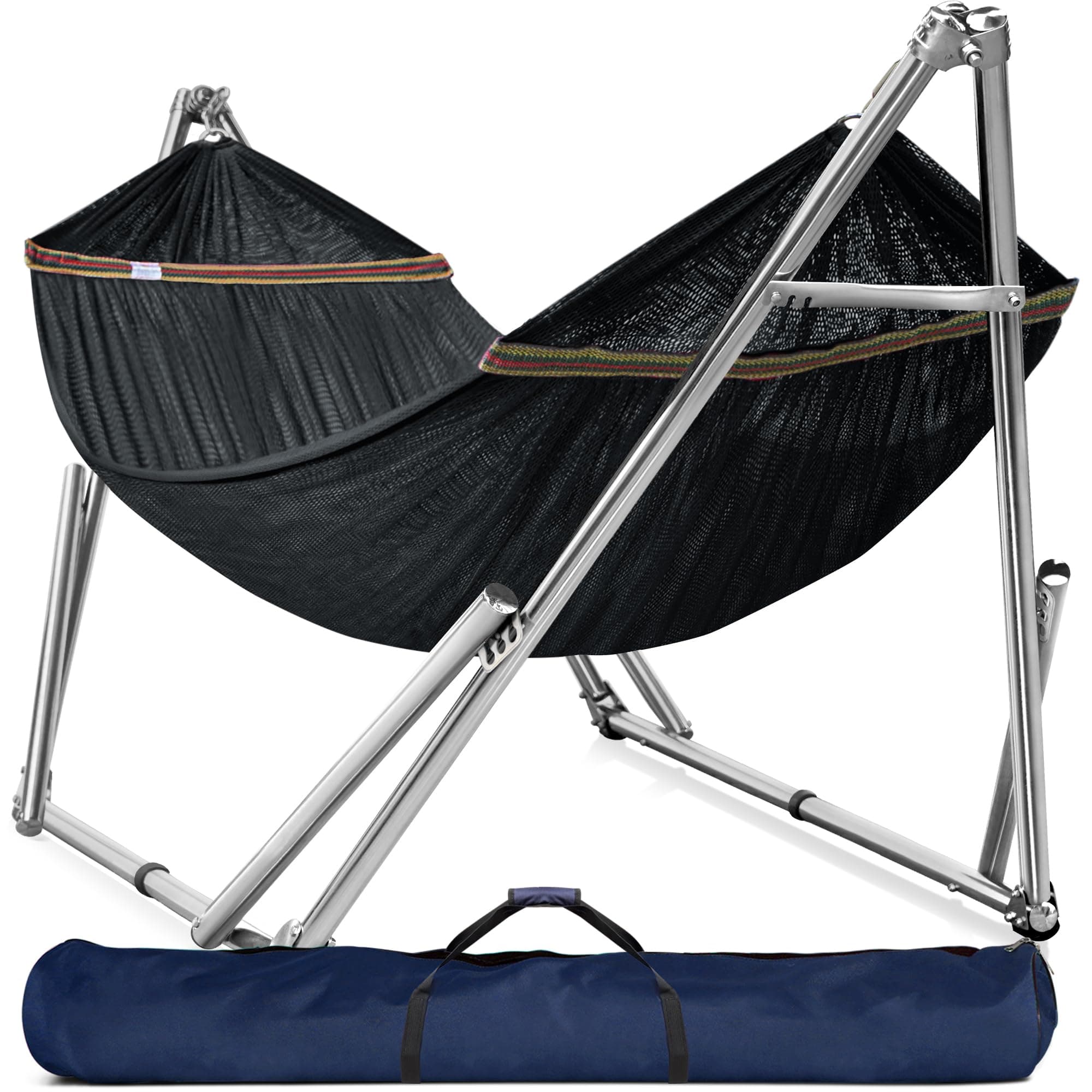 Tranquillo Double Hammock with Stand 650lb Capacity Double Hammock with Spreader Bar, Solid Grade 201 Stainless Steel 30s Set Up, Sturdy Flexible Hammock Stand Portable, Outdoor Indoor, Black