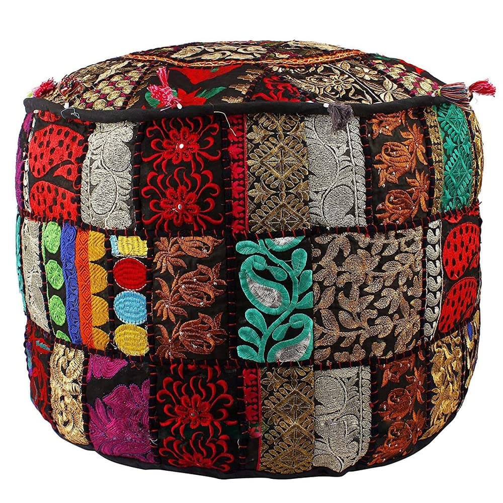 Aakriti Gallery Indian Pouf Footstool Ethnic Embroidered Pouf Cover, Indian Cotton Round Pouffe Ottoman Pouf Cover Pillow Ethnic Decor Art - Cover Only (Black, 18x13)