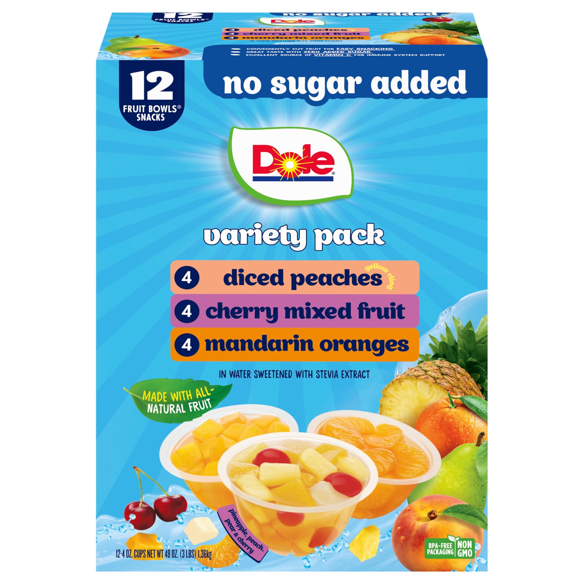 Fruit Bowls No Sugar Added Variety Pack, Peaches, Mandarin Oranges & Cherry Mixed Fruit, Back To School, Gluten Free Snack, 4oz, 12 Cups, Packaging May Vary