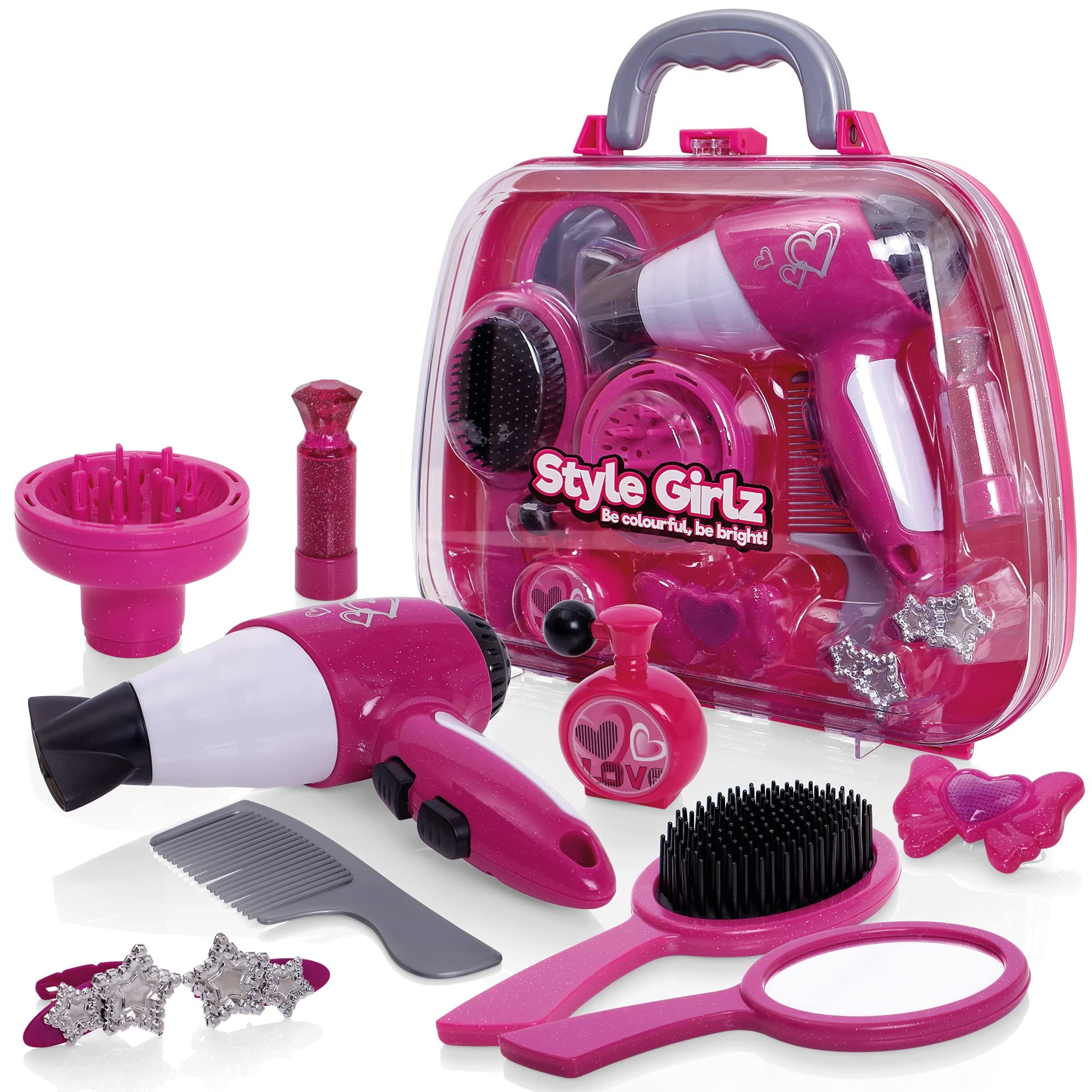 Style Girlz Hair Styling Set For Girls - Kids Battery Operated Toy Hair Dryer, Accessories, Vanity Case - Childrens Hairdressing Set - Pretend Hairdresser Role Play For Kids - Toys For Girls Age 3-6
