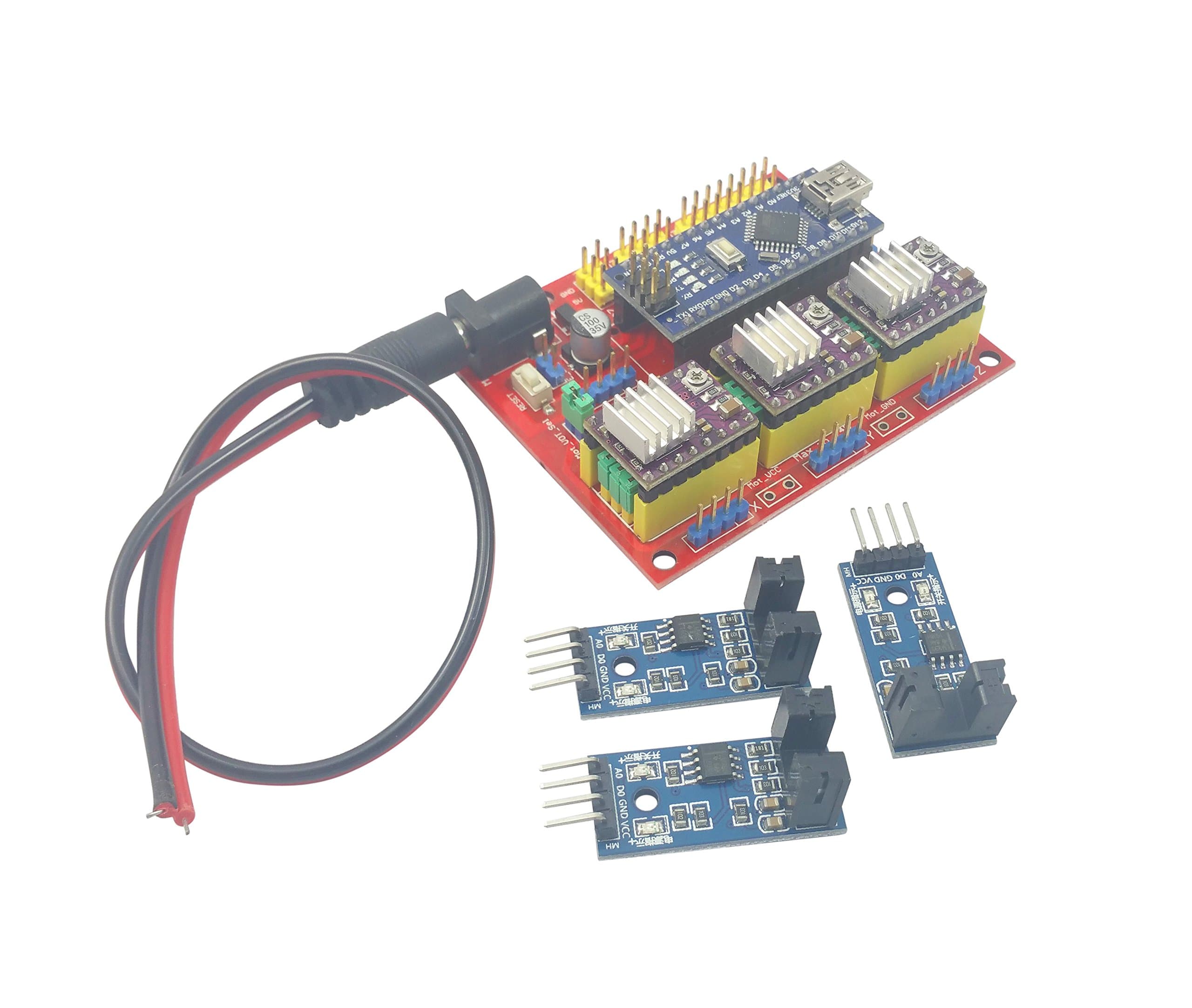 [initeq] Arduino Nano CNC Shield 3-Axis DRV8825 Machine Control Kit Stepper Driver Board with Optical Limit Switch Endstops and Power Pigtail