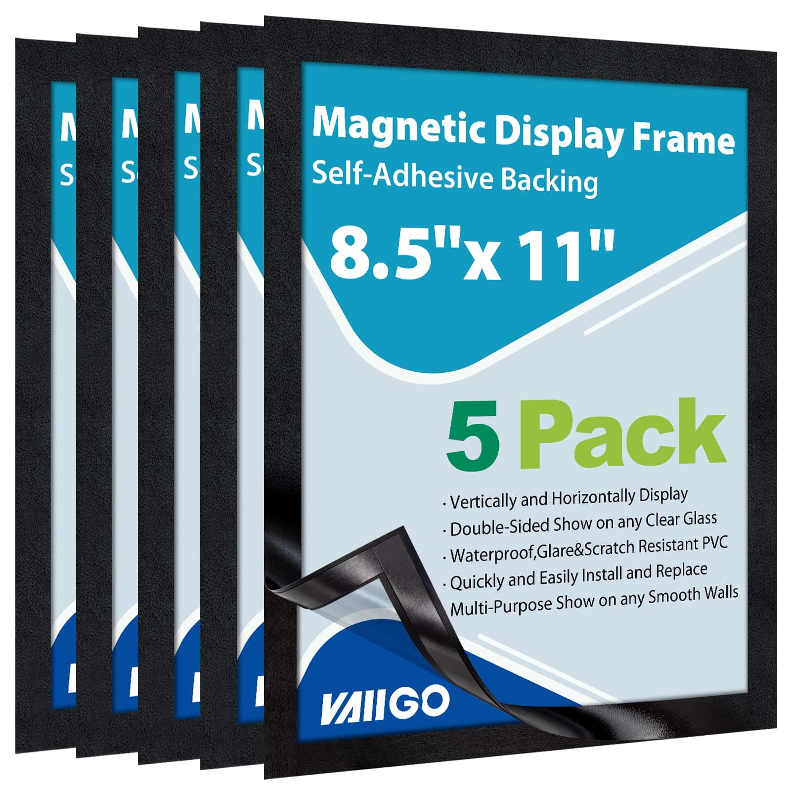 8.5"x 11" Self Adhesive Magnetic Sign Holder, Double Sided Window Magnetic Display Frame with Clear PVC and Strong Magnetic for Office/Store/Door/Glass/Refrigerator Display Frame(Black, 5Pack)